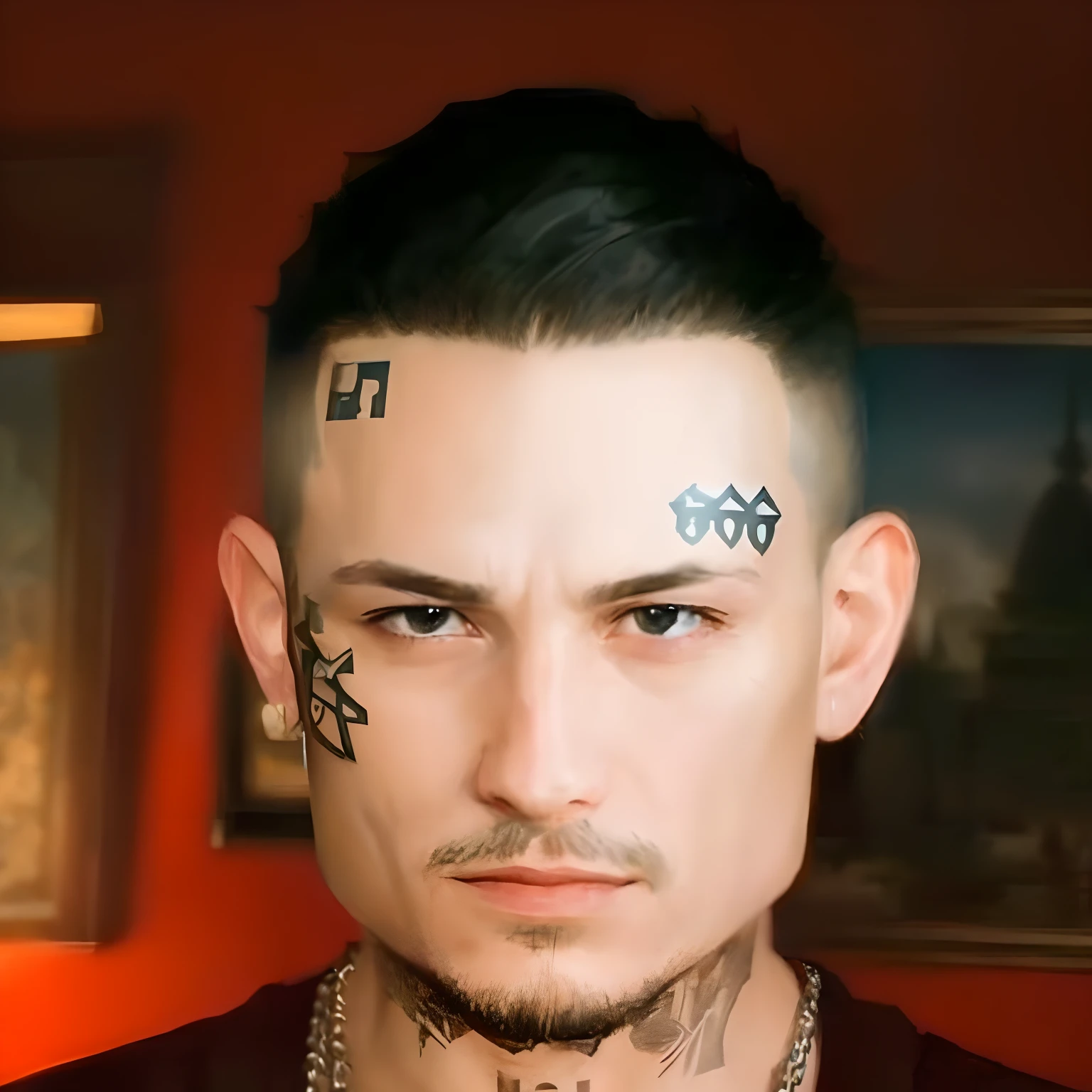 ((masterpiece)), (8k, high_resolution), (best quality), ultra-detailed, mmo game character, lineage 2, holding sword, metall armor, araff is a man with a tattoo on his forehead, with facial tattoo, buzzed hair on temple, face tattoo, facial tattoos, face tattoos, lil peep, inspired by Xi Gang, with rune tattoos on the face, marshal mathers, ingame screenshot, tony sandoval. realistic, london gang member, tony sandoval. 8 k realistic, strange geometric facial tattoos