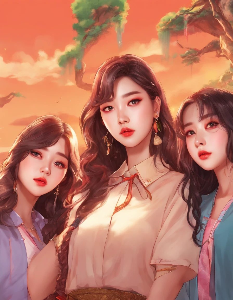 Three Asian women pose in a room for a photo, Ulzzang, 3 sisters looking at each other in the mirror, 8k)), maquiagem coreana popular, foto do perfil, Beautiful girl, Foto selfie 8k, bonito - fino - rosto, maquiagem coreana popular, Xision Wu, bonito, meninana, foto de perfil do avatar, Sakimichan, Very high quality, realismo super realista, super requinte, alta qualidade, 8K resolution, Estilo diverso, ombros nus sem mostrar o peito,