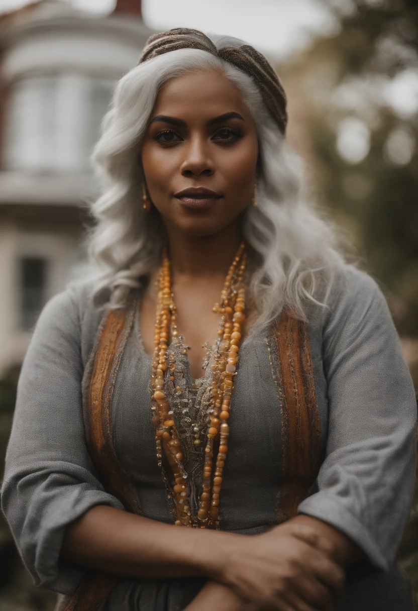 Kind, Dark-skinned Arab woman with white hair, white eyebrows, yellow eyes, large breasts, shortstack, strong, athletic, fit, white hair tied with a yellow ribbon. Wears yellow shirt tied, brown jeans, lots of gold jewelry and navel piercing. She is standing in front of a Victorian greystone row house in Chicago.