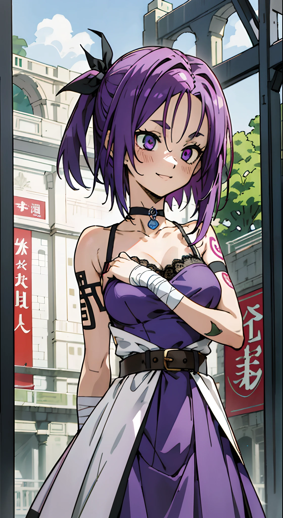 masutepiece, Best Quality, Ultra-detailed, Colorful,Up-close, Hyper-detailing，purple color  hair, Ultra-realistic hair quality, Vibrant colors, Young Girl, 14years old girl, Beautiful long hair, Shiny hair, detailed hairs, Hair Ribbon, Single-sided up, Reo Mikage, Blue Lock, no sleeves, Camisole and cheongsam, Blue Camisole, Blue Dress, Dress, Lace dress, chinese clothes, Chest exposure, Lace underwear, Metamorphosis is exposed, Belt bag, Choker, Black Choker, arm warmer, complete fingers, Five Fingers, Two arms, Two hands, bandages on arm, bandage arms, bandages hands, The tattoo, body tattoo, arm tattoos, Blue Rose Tattoo, Tattoo on the wrist, Tattoo on the thigh, Relative area, Sexy breasts, Big breasts, red blush, 1girl in, Solo, Sharp face, Heterochromia, Green eyes, Purple eyes, Bare neck, Happy face, Beautiful sky, shining sky, Roman Colosseum, Ancient Roman Arena.