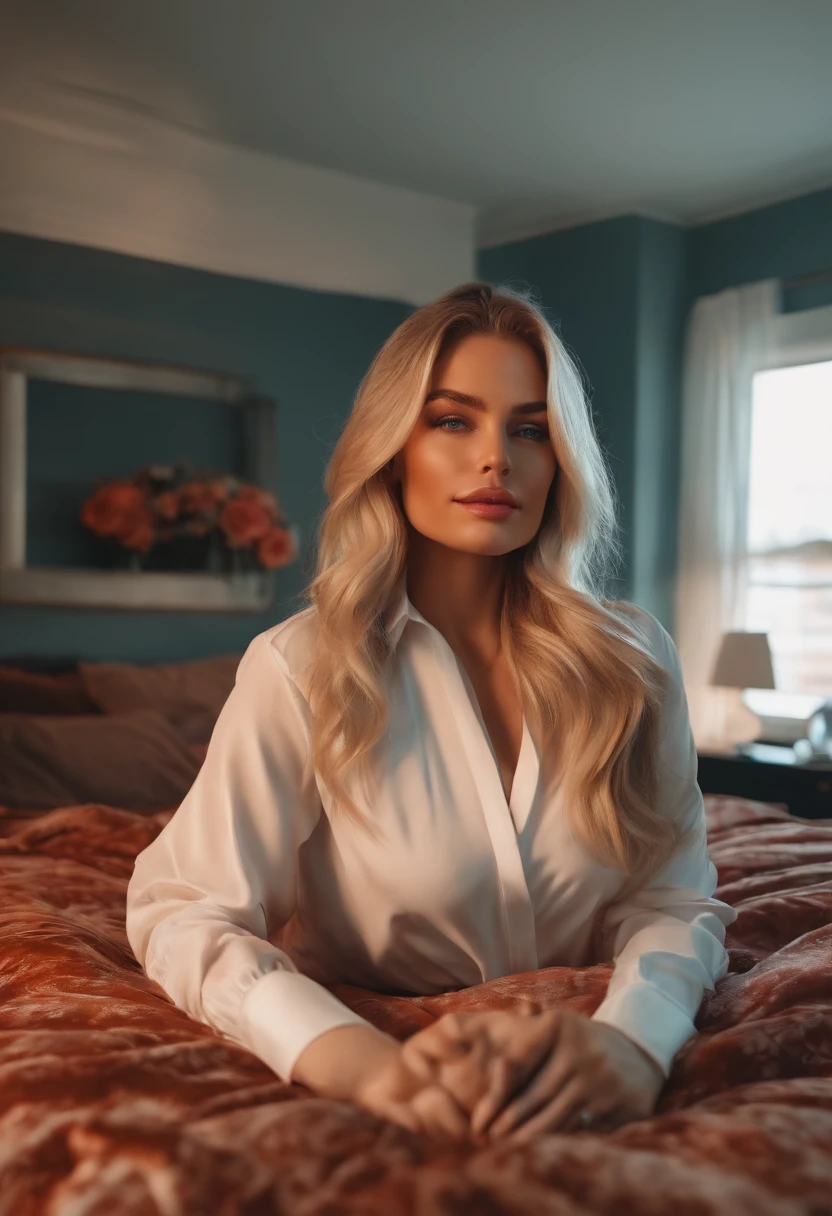realistic white female instagram influencer, best quality, blonde, 1 girl, blue eyes, in a bedroom, wearing sexy clothes, laying in bed, selfie