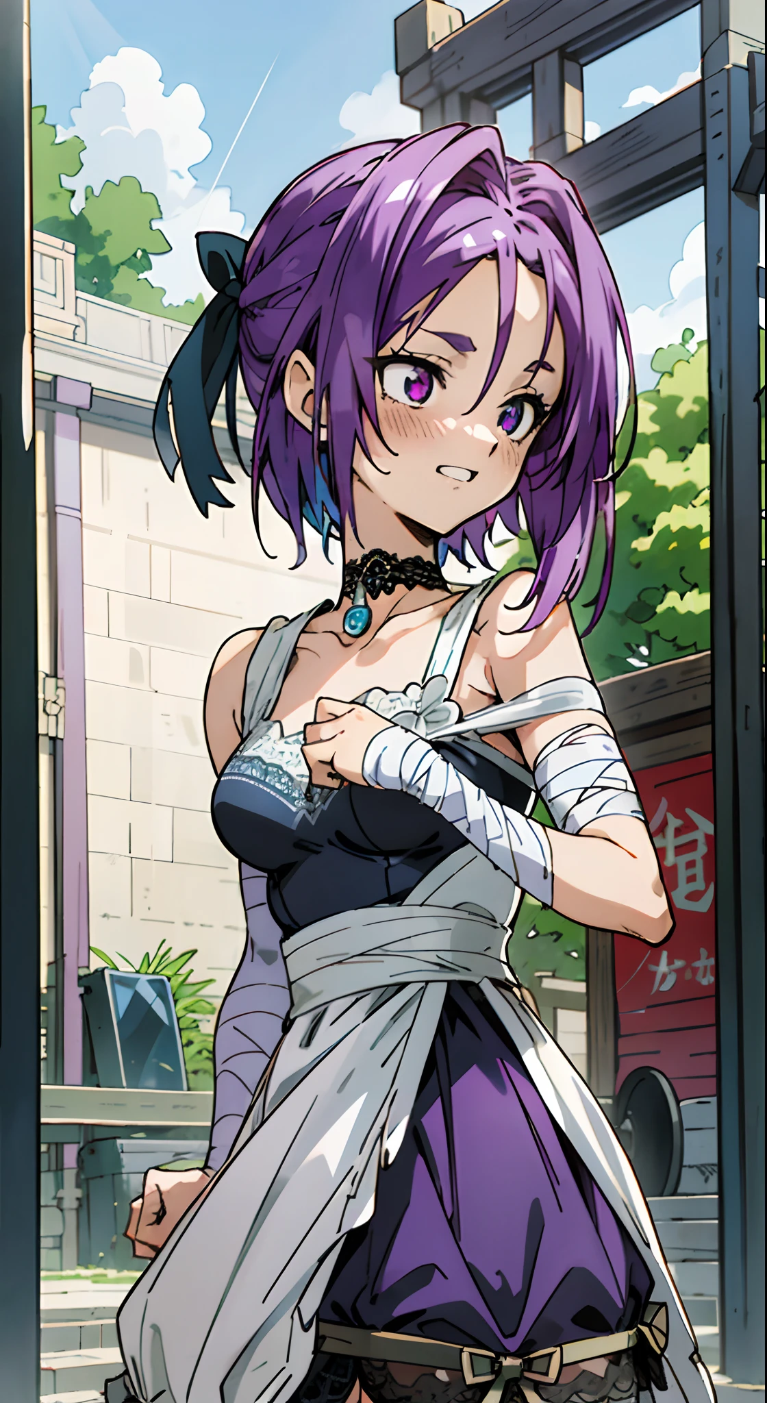 masutepiece, Best Quality, Ultra-detailed, bandages on arm, bandage arms, bandages hands, Colorful,Up-close, Hyper-detailing，purple color  hair, , Ultra-realistic hair quality, Vibrant colors, Beautiful long hair, shoulder-lengh hair, Shiny hair, detailed hairs, Hair Ribbon, Single-sided up, ribbon, Reo Mikage, Blue Lock, no sleeves, Sleeveless, open shoulders, Cinderella, Cinderella with panniers, Cinderella Dress, Lace dress, long dress, white tights and leggings, leggings, lace tights, bare foots, sandals, brown sandals, gladiator sandals, Chest exposure, Lace underwear, Metamorphosis is exposed, Choker, black choker, complete fingers, Five Fingers, Two arms, Two hands, Sexy breasts, Scar, Big breasts, red blush, 1girl in, Solo, Sharp face, Heterochromia, Green eyes, Purple eyes, Bare neck, Happy face, rays of sunshine, Brave Sky, shining sky, Village of Shanghai, Slums, chains