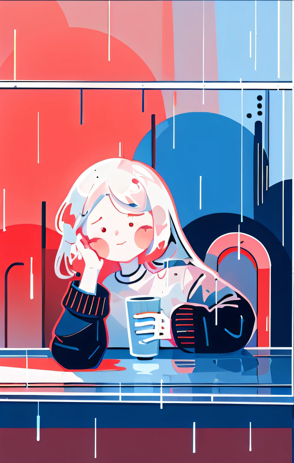 a cartoon girl sitting at a table with a cup of coffee, rainy mood, lofi girl, rainy day, on a rainy day, rainy weather, while it's raining, rainy afternoon, gloomy and depressed, raining outside, it's raining outside, after rain and no girls, it's raining, lofi feel, raining!!, day after raining, rainy outside