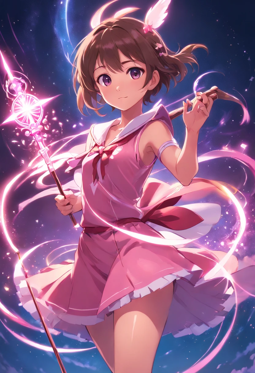 magical girl, pink magical outfit, holding a staff
