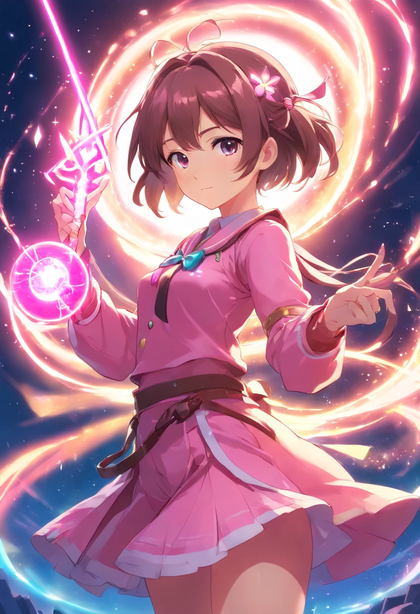 magical girl, pink magical outfit, holding a staff