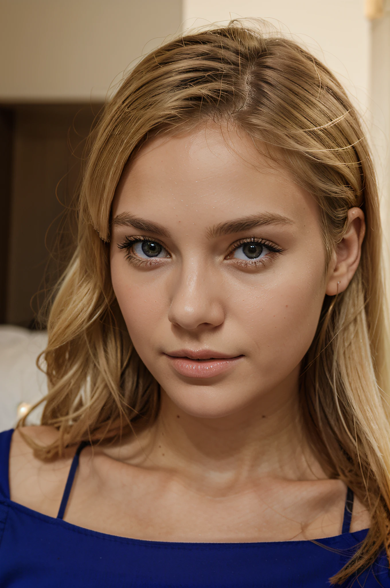 a 25 year old blonde European woman, con ojos azul grisaceos, mirada sexy, poros detallados de la piel, piel grasa, golpe de sol, detalles intrincados de los ojos, todo el cuerpo, pechos grandes, Color brillante, lenceria negra, pose senxual, sobre la cama