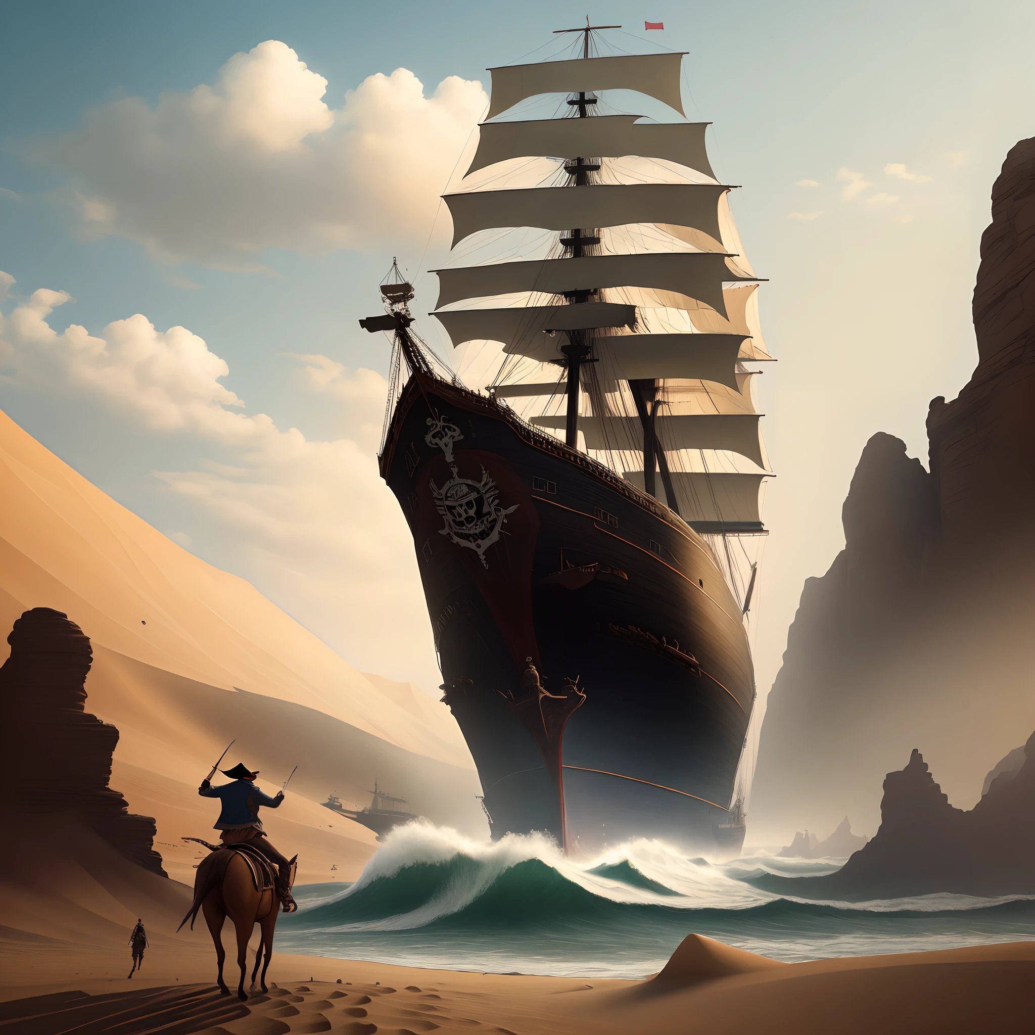 A pirate rides a huge ship flying in the middle of the desert
