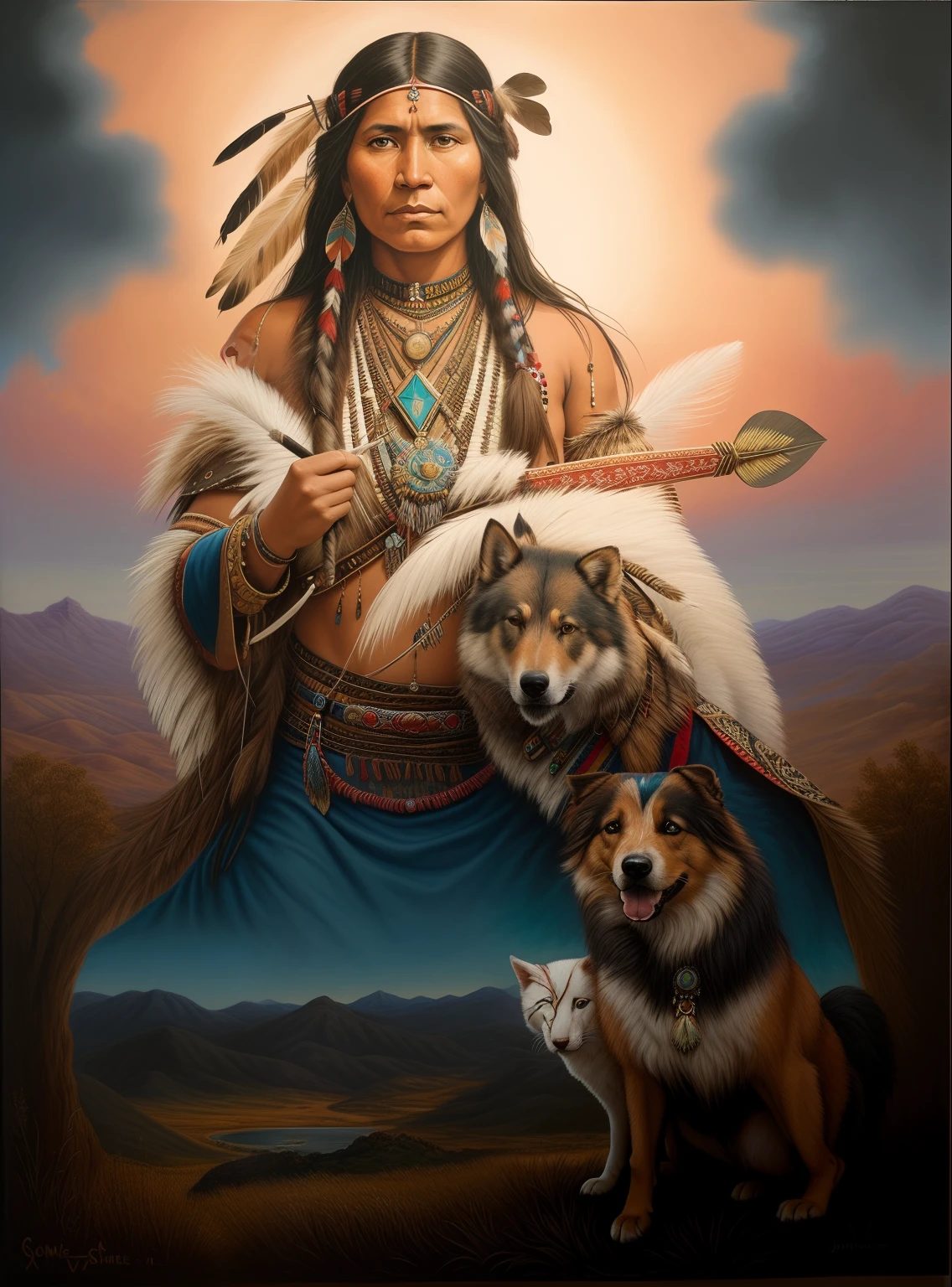 Painting of a native indigenous woman with a sword and a dog, Arte nativa americana, Nativo americano, Um guerreiro nativo americano, a shaman holding up the universe, warrior spirit, Guerreiro nativo americano, : native american shamen fantasy, xamanismo, visionary art, Indian warrior, Arte nativa, highly detailed visionary art, por Johfra Bosschart, Indigenous, Directed by: Stan Stokes