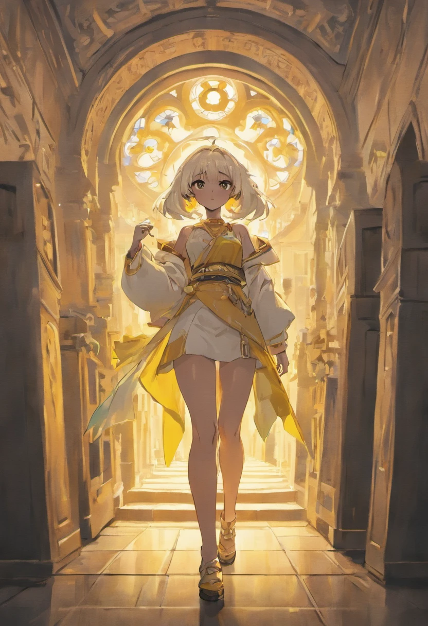 Kind, Dark-skinned Arab woman with white hair, white eyebrows, yellow eyes, large breasts, shortstack, strong, athletic, fit, white hair tied with a yellow ribbon. Wears yellow shirt tied, brown jeans, lots of gold jewelry and navel piercing. She is standing in front of a Victorian greystone row house in Chicago.