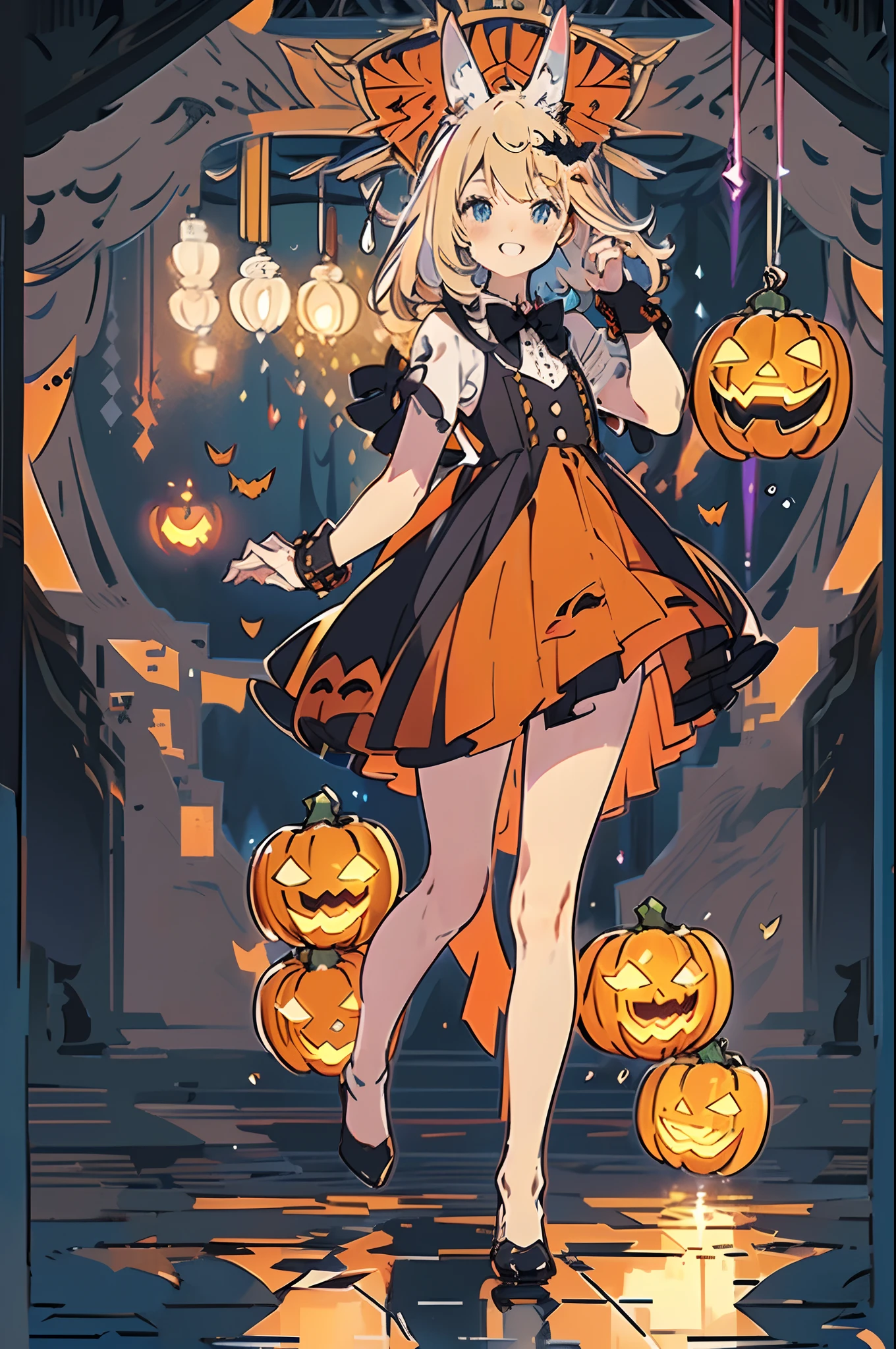 Halloween，(short cute girl，small young student，young delicate girl）,（masterpiece，Top quality)，mini skirt，black hair