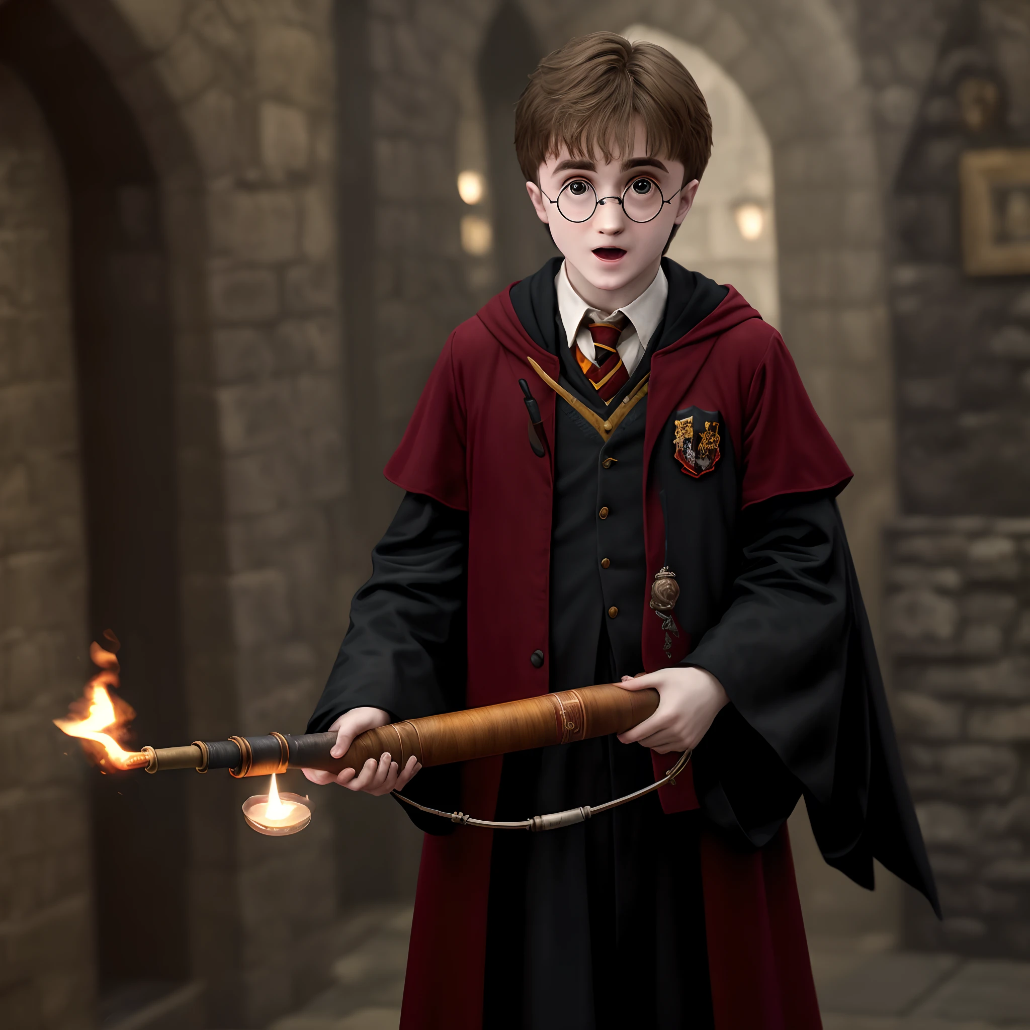 Harry Potter, holding a pipe bomb