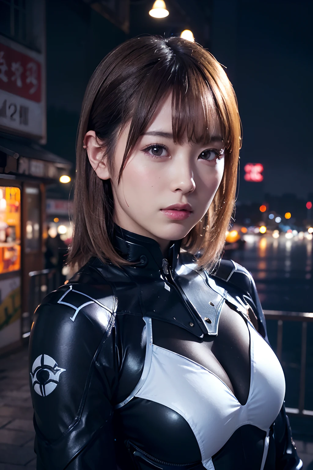 ((masutepiece)), ((Best Quality)), (Ultra-detailed), ((Extremely detailed)), 4K, (8K), Best Quality, (Beautiful), Gradation, One Woman,Robot Suit Suit Suit,Cute face,Big eyes,Cool Face,bobhair,Beautiful silver hair,Looking at Viewer,plein air,Night,Ruins,Neon Town,neon light,masutepiece, extremely fine and beautiful,Photorealistic,Japanese
