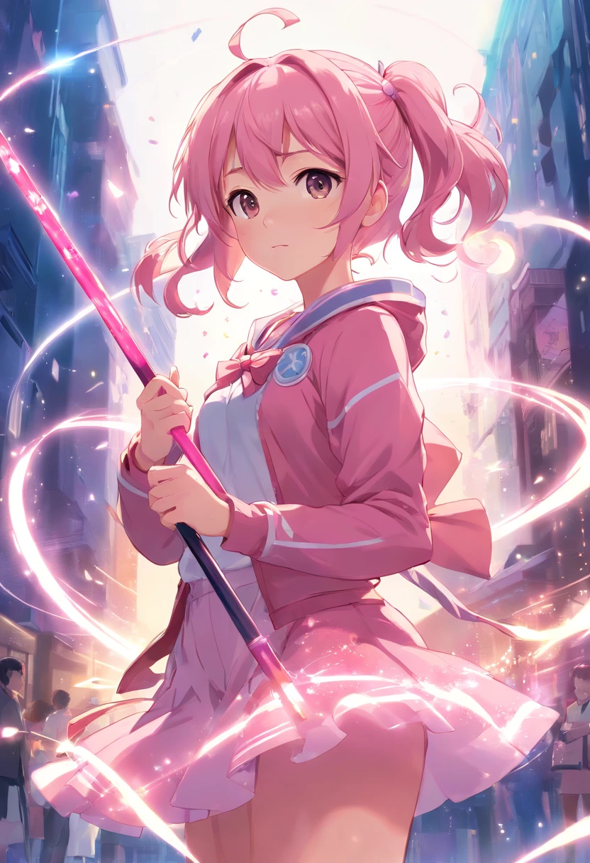 magical girl, pink outfit, light pink hair, holding a staff