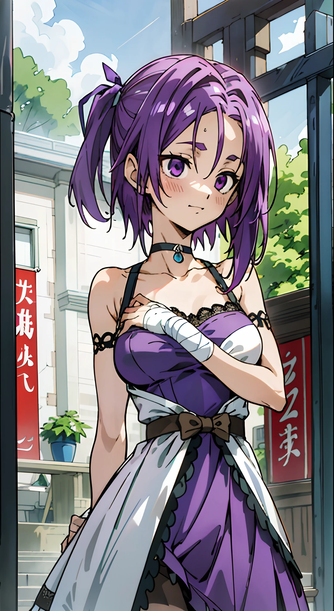 masutepiece, Best Quality, Ultra-detailed, Arm bandage, Bandage arm, Bandaged hands, Colorful,Up-close, Hyper-detailing,purple color hair, , Ultra-realistic hair quality, Vibrant colors, Beautiful long hair, shoulder-length hair, Shiny hair, detailed hairs, Hair Ribbon, Single-sided up, bow ribbon, Reo Mikage, Blue Lock, no sleeves, Sleeveless, Open shoulders, Cinderella, Panniers and Cinderella, Cinderella Dresses, Lace dress, long-one-piece dress, White tights and leggings, leggins, Lace Tights, Bare legged, Sandals, Brown sandals, gladiator sandals, Chest exposure, Lace underwear, Metamorphosis is exposed, Choker, Black Choker, complete fingers, Five Fingers, Two arms, Two hands, Sexy breasts, Scar, Big breasts, red blush, 1girl in, Solo, Sharp face, Heterochromia, Green eyes, Purple eyes, Bare neck, Happy face, rays of sunshine, Brave Sky, shining sky, Village of Shanghai, Slums, chains