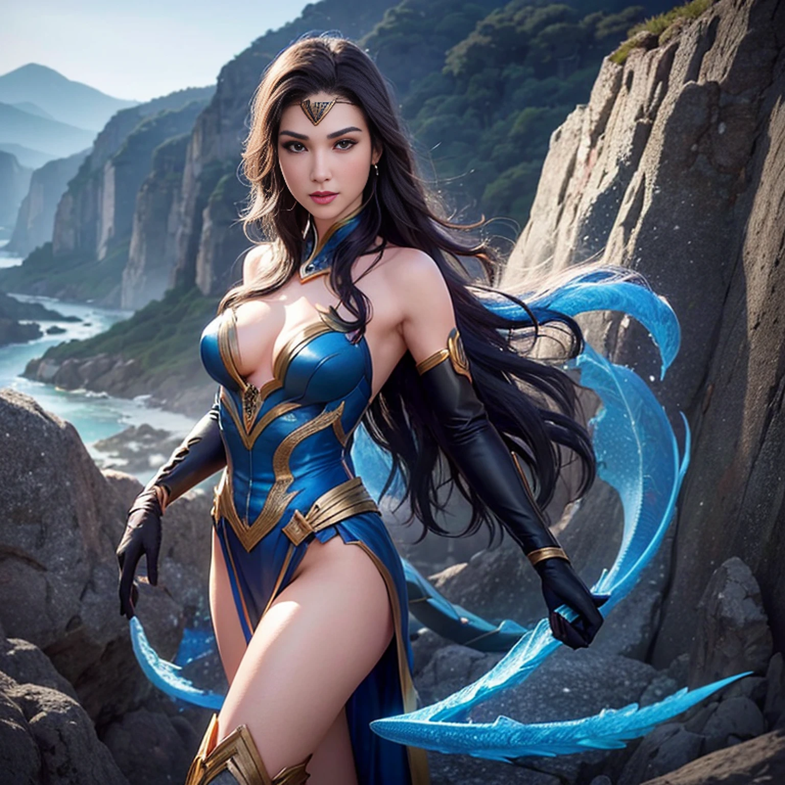 ((melhor qualidade)), ((obra-prima)), (detalhado), Empress Dragon "Gal Gadot", olhos realistas, cabelo preto, olhos azuis, seios pequenos, vestido de setin koreano sensual, paisagem maligna, ethereal beauty, (Fantasy Illustration:1.3), olhar encantador, pose cativante, garota solo, charme sobrenatural, mystical sky, noite enluarada, cores suaves, (paisagem nublada detalhada:1.3), (alta resolução:1.2) (Blue dragon flying in the sky) vestido, sobre uma colina, An army passing far into a canyon below.