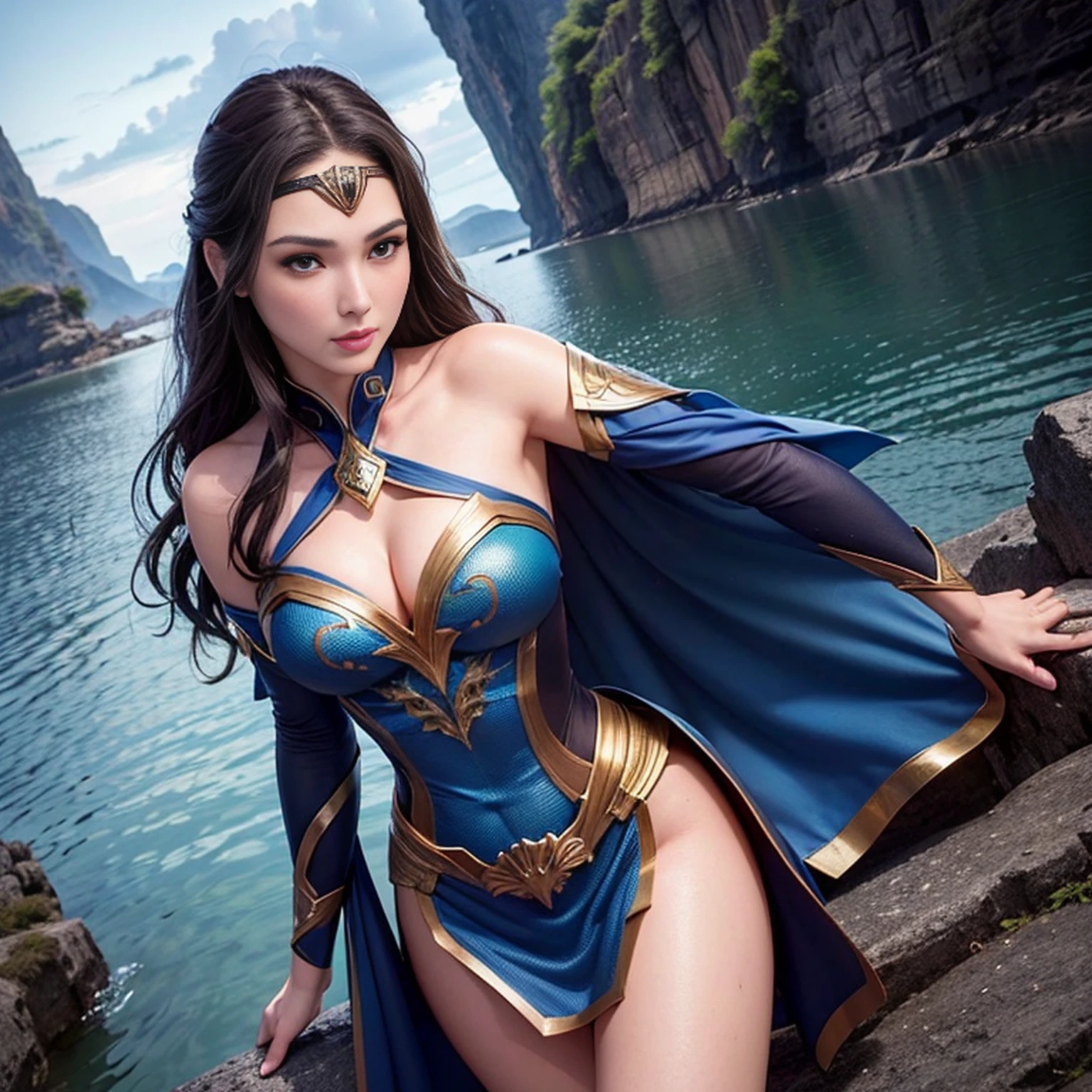 ((melhor qualidade)), ((obra-prima)), (detalhado), Empress Dragon "Gal Gadot", olhos realistas, cabelo preto, olhos azuis, seios pequenos, vestido de setin koreano sensual, paisagem maligna, ethereal beauty, (Fantasy Illustration:1.3), olhar encantador, pose cativante, garota solo, charme sobrenatural, mystical sky, noite enluarada, cores suaves, (paisagem nublada detalhada:1.3), (alta resolução:1.2) (Blue dragon flying in the sky) vestido, sobre uma colina, An army passing far into a canyon below.
