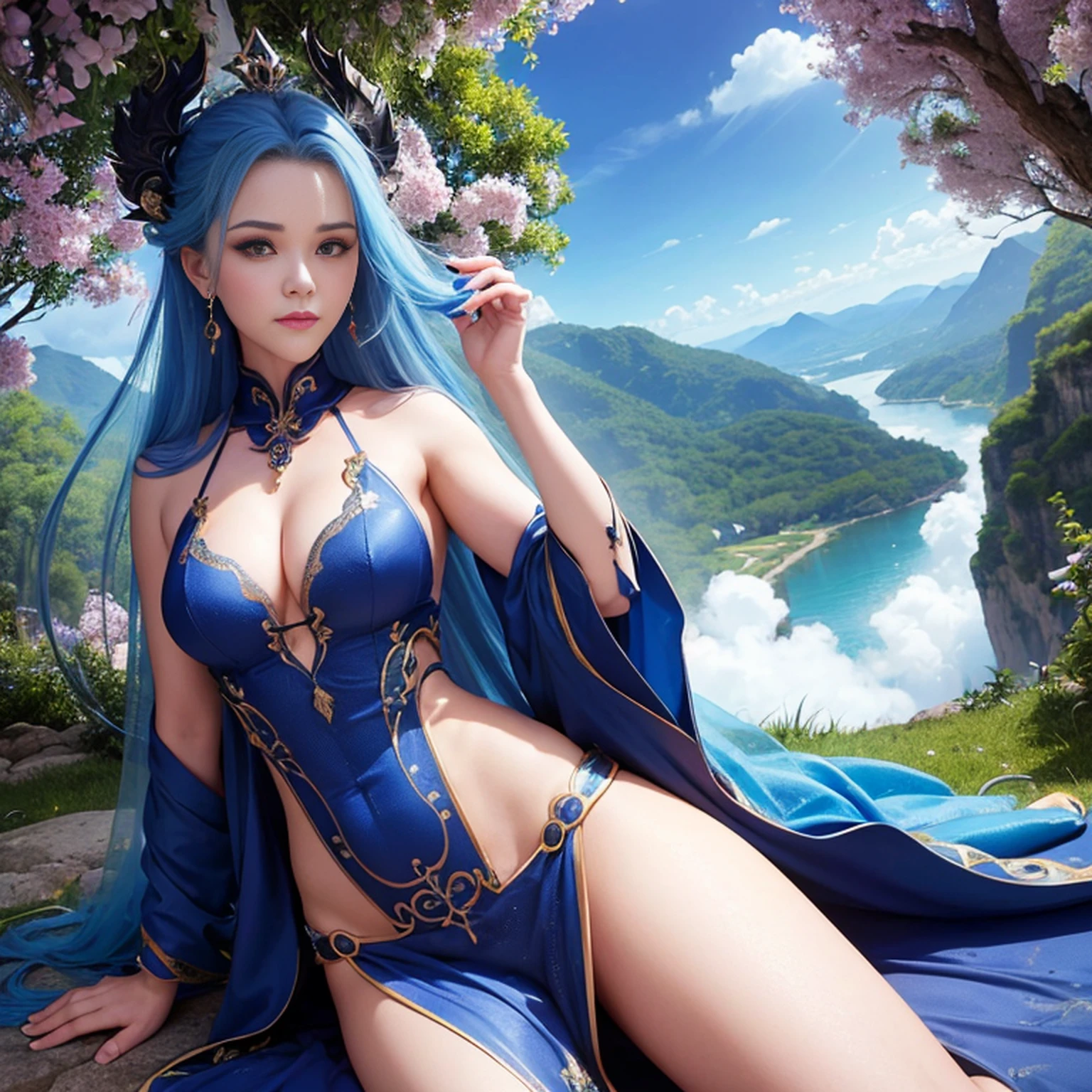 ((melhor qualidade)), ((obra-prima)), (detalhado), Empress Dragon "Reese Witherspoon", olhos realistas, cabelo preto, olhos azuis, seios pequenos, vestido de setin koreano sensual, paisagem maligna, ethereal beauty, (Fantasy Illustration:1.3), olhar encantador, pose cativante, garota solo, charme sobrenatural, mystical sky, noite enluarada, cores suaves, (paisagem nublada detalhada:1.3), (alta resolução:1.2) (Blue dragon flying in the sky) vestido, sobre uma colina, An army passing far into a canyon below.
