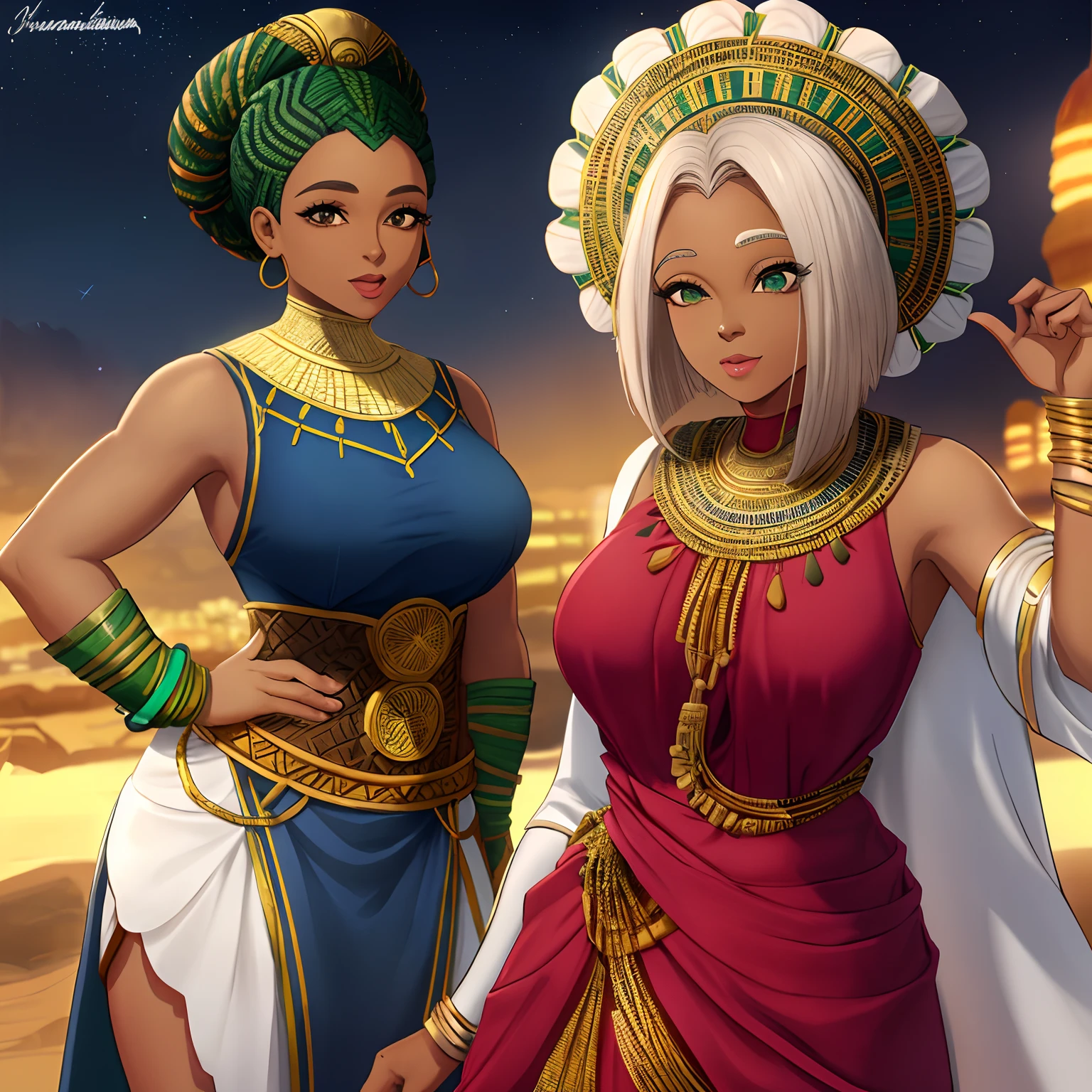 Two beautiful women, two egyptian priestesses, seductively embracing kissing on a couch, fondling, looking at camera, dutch angle photography, smirking expressions, dark skin