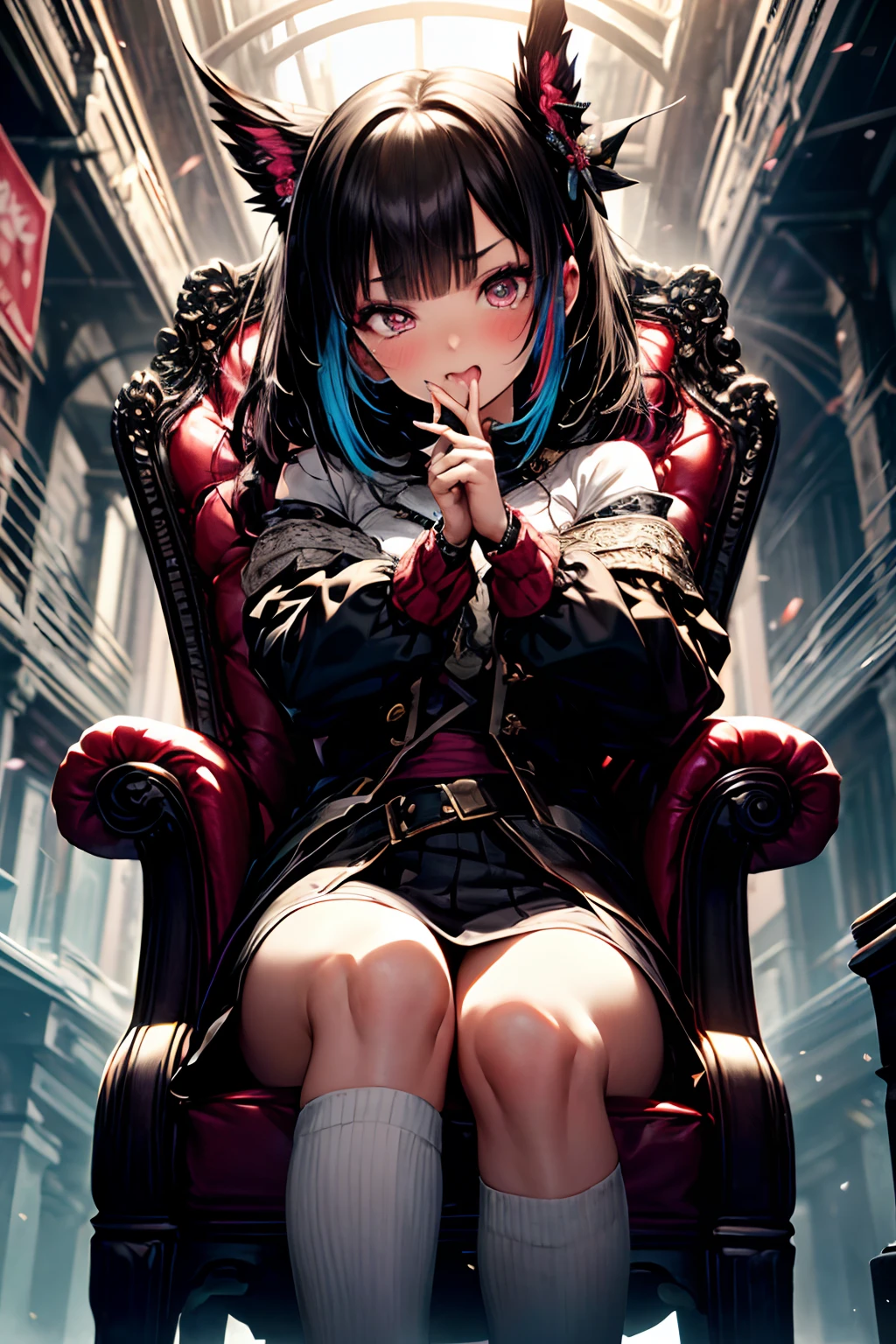 aiming at viewer, Have a pistol, pistols, (masterpiece)、(top-quality)、a throne、cross one's legs、Put your hand in your crotch、
makeup, red blush, 耳环, heart mark, high-heels, 1girl in, florals, the bow,looking in camera、Ahegao ( Silly / Sexual ecstasy)、Cross-eyed、Stranger、View other people、Blunt bangs、 over-kneehighs,Ahegao , Silly,Sexual ecstasy,Drunken eyes,Blunt bangs, Black hair,(masutepiece:1.2, Best Quality), (finely detailed beautiful eye: 1.2), (Detailed background,Dark Fantasy), (beautifull detailed face), High contrast, (Best Illumination, extremely delicate and beautiful), ((Cinematic Light)), Colorful, Hyper Detail, Dramatic light, Intricate details,