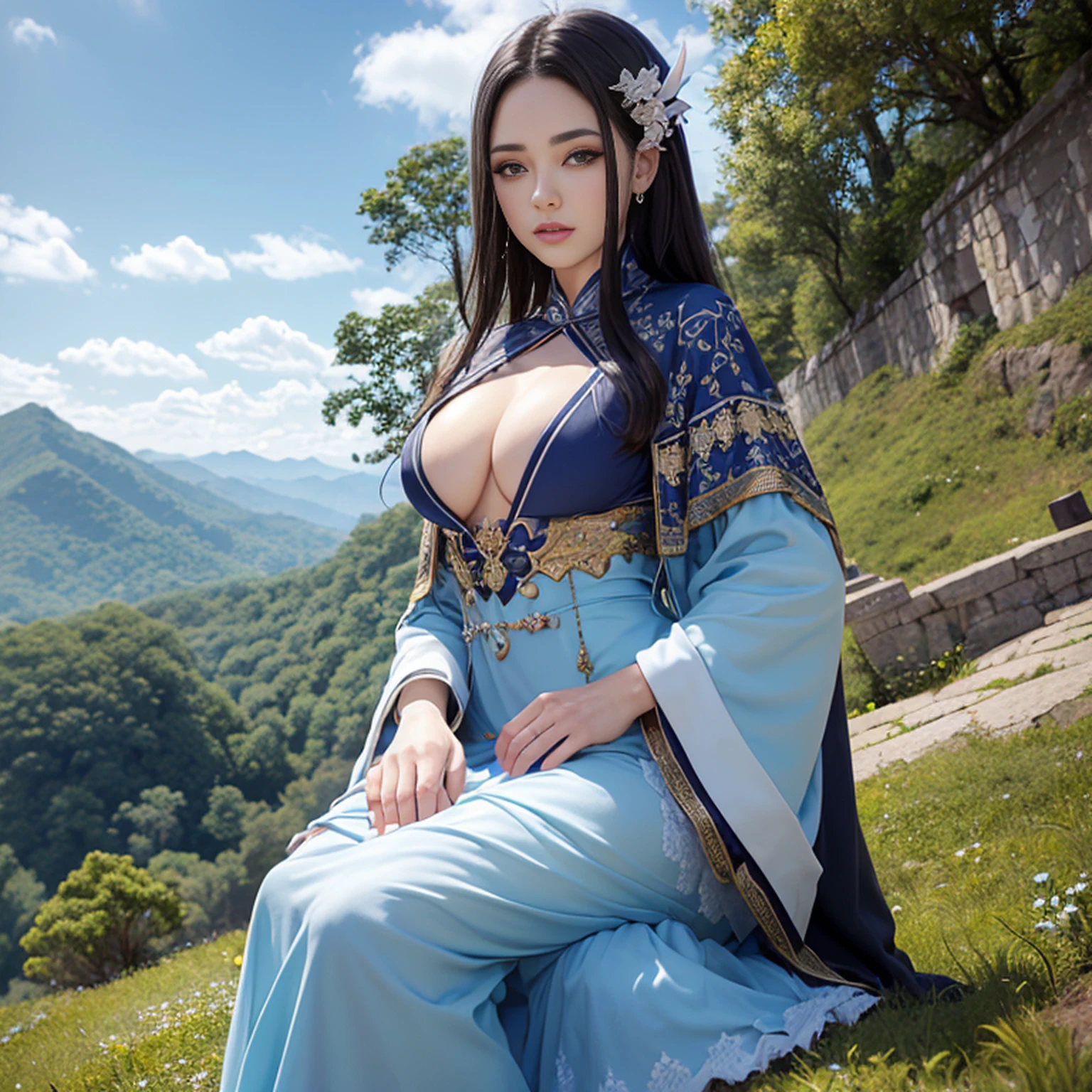 ((melhor qualidade)), ((obra-prima)), (detalhado), Empress Dragon "Sarah", olhos realistas, cabelo preto, olhos azuis, seios pequenos, vestido de setin koreano sensual, paisagem maligna, ethereal beauty, (Fantasy Illustration:1.3), olhar encantador, pose cativante, garota solo, charme sobrenatural, mystical sky, noite enluarada, cores suaves, (paisagem nublada detalhada:1.3), (alta resolução:1.2) (Blue dragon flying in the sky) vestido, sobre uma colina, An army passing far into a canyon below.