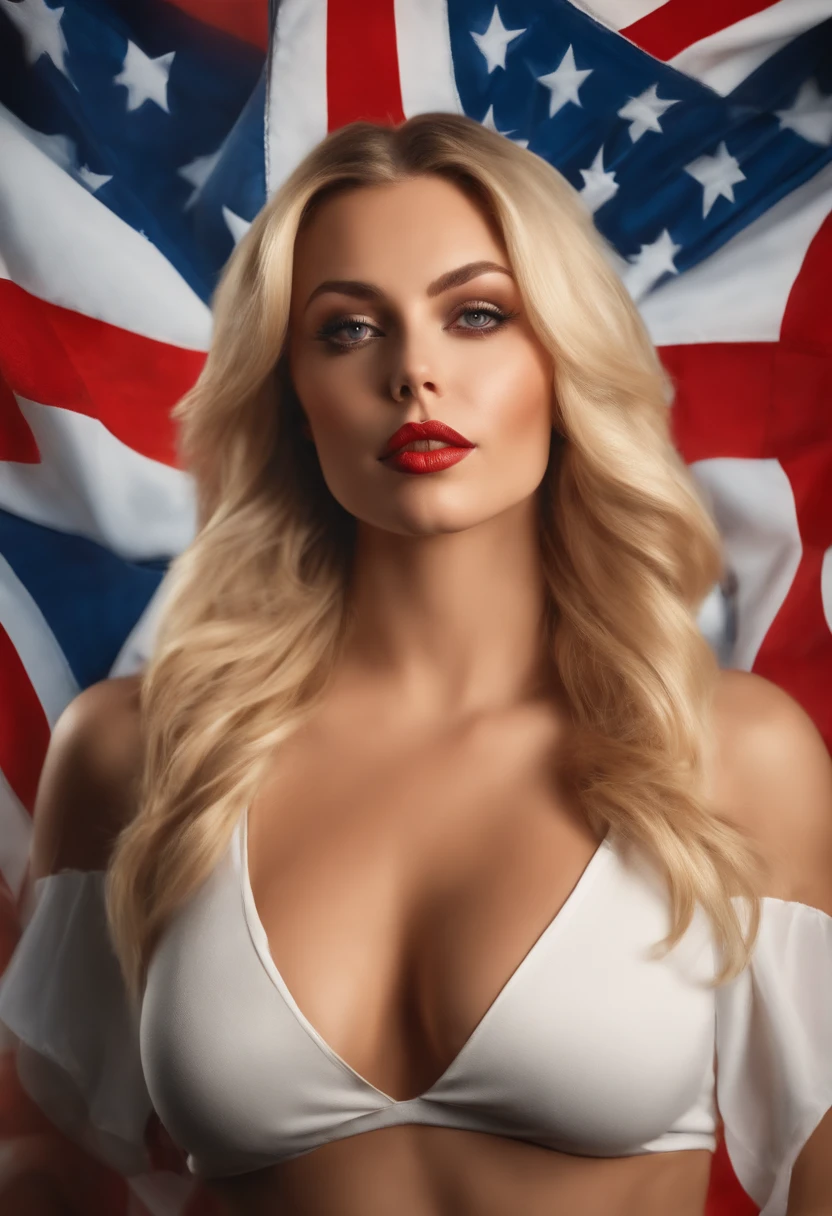 blond woman with big breast posing in front of a flag, an album cover by Nicholas Marsicano, reddit, fine art, holly bruce, ashe, sydney hanson, blonde hair and large eyes, 👁🌹👾, leaked photo, scarlett hooft, long blonde hair and large eyes, sydney sweeney, charli bowater, argot robbie in gta v, angelawhite