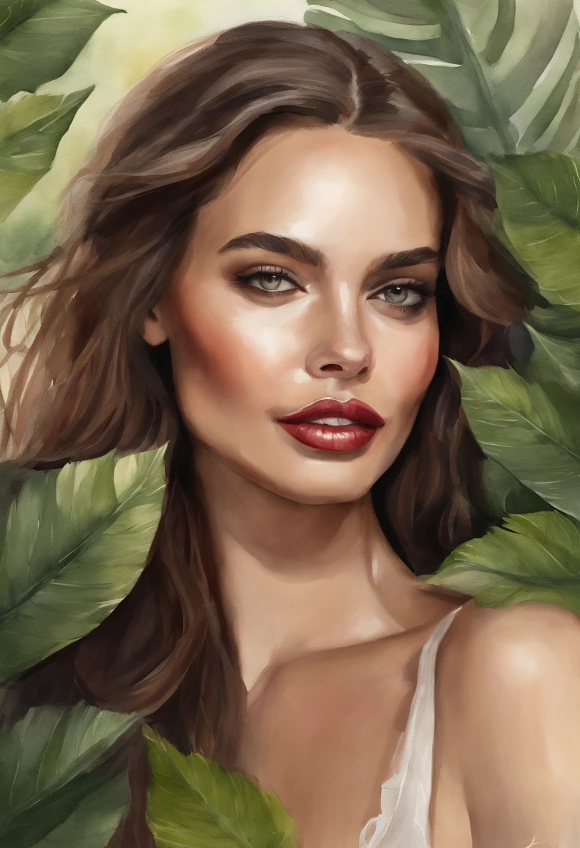 (La mejor calidad,4k,8k,Altas Resoluciones,Obra maestra:1.2),Ultra detallado,(realista,fotorrealista,fotorrealista:1.37),1Mujer hermosa,Figura sexy, pose sexy, Ropa caliente, cabello verde y negro, Belleza Cara, sonrisa abierta, dientes blancos, ojos hipnotizantes, dark lipstick, Translucent chiffon clothing, nipples, de moda, colores vibrantes, Studio lighting,lush greenery, Ambiente tropical, Artistic portrait