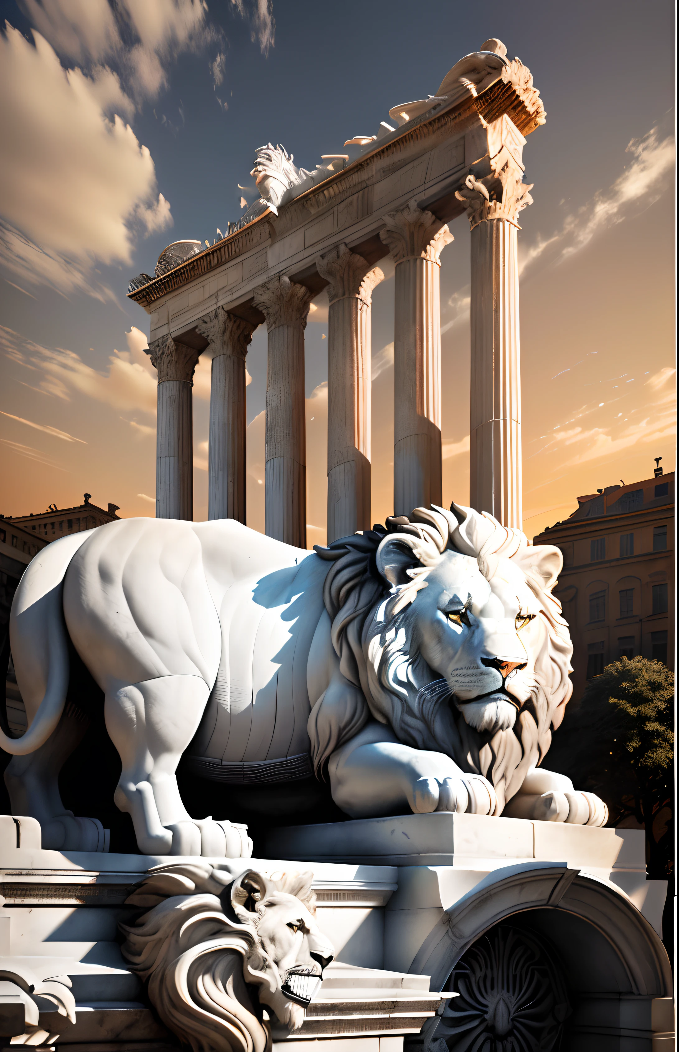 there is a statue of a lion on top of a building, surrealistic roman architecture, piranesi style, ambient occlusion render, an ambient occlusion render, classicism artstyle, lion's gate, inspired by Piranesi, roman festival backdrop, architecture carved for a titan, marble columns in background, caesar, strong ambient occlusion