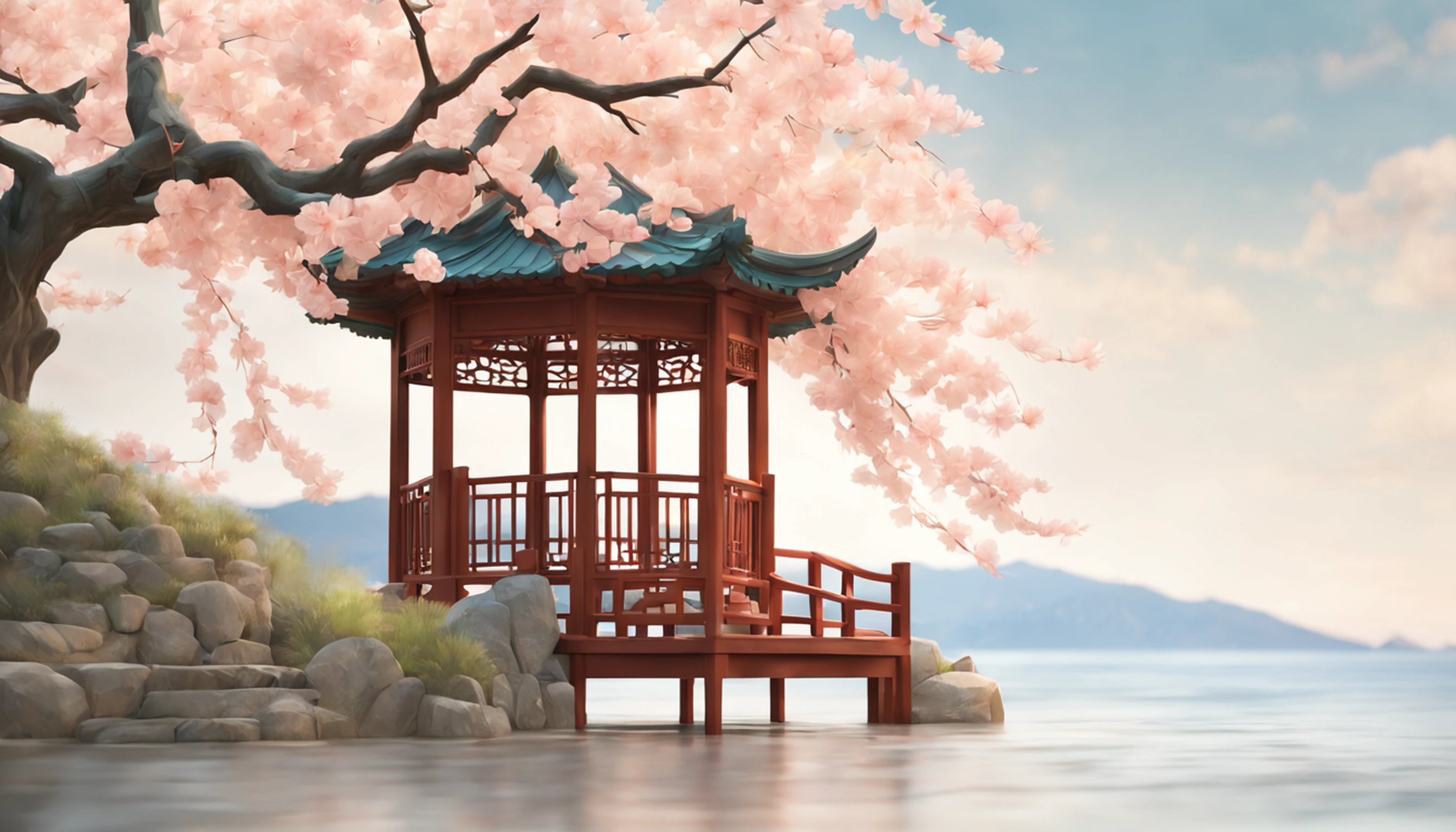 gazebo,(escultura em papel:1.5),Stooping, (Mar de nuvens brancas:1.3), (nuvens brancas:1.3), (peach blossom:1.2), Montanhas, soft lighting，Elementos Orientais, sonhador, pastels colors, cores brilhantes, Traditional Chinese color scheme, ( Reasonable design, linhas claras, alta nitidez,melhor qualidade, Very detailed, master part, arte oficial, Efeito de luz do filme, 4k ),
