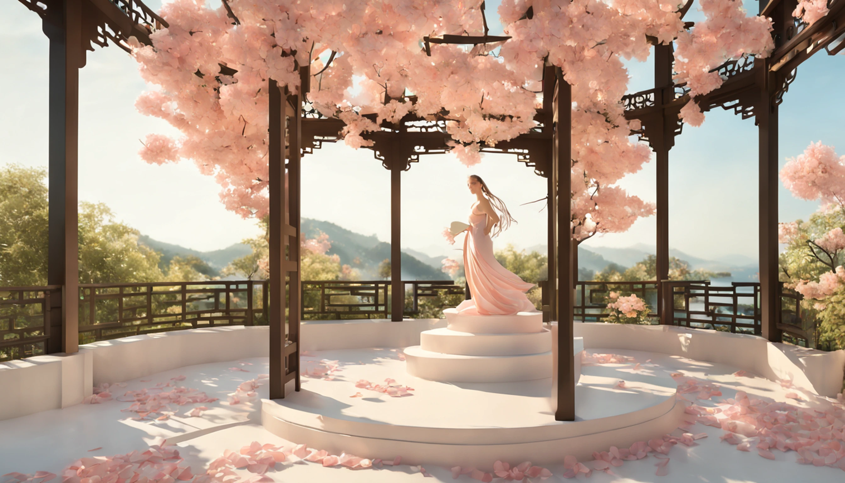 gazebo,(escultura em papel:1.5),Stooping, (Mar de nuvens brancas:1.3), (nuvens brancas:1.3), (peach blossom:1.2), Montanhas, soft lighting,Elementos Orientais, sonhador, pastels colors, cores brilhantes, Traditional Chinese color scheme, ( Reasonable design, linhas claras, alta nitidez,melhor qualidade, Very detailed, master part, arte oficial, Efeito de luz do filme, 4k ),