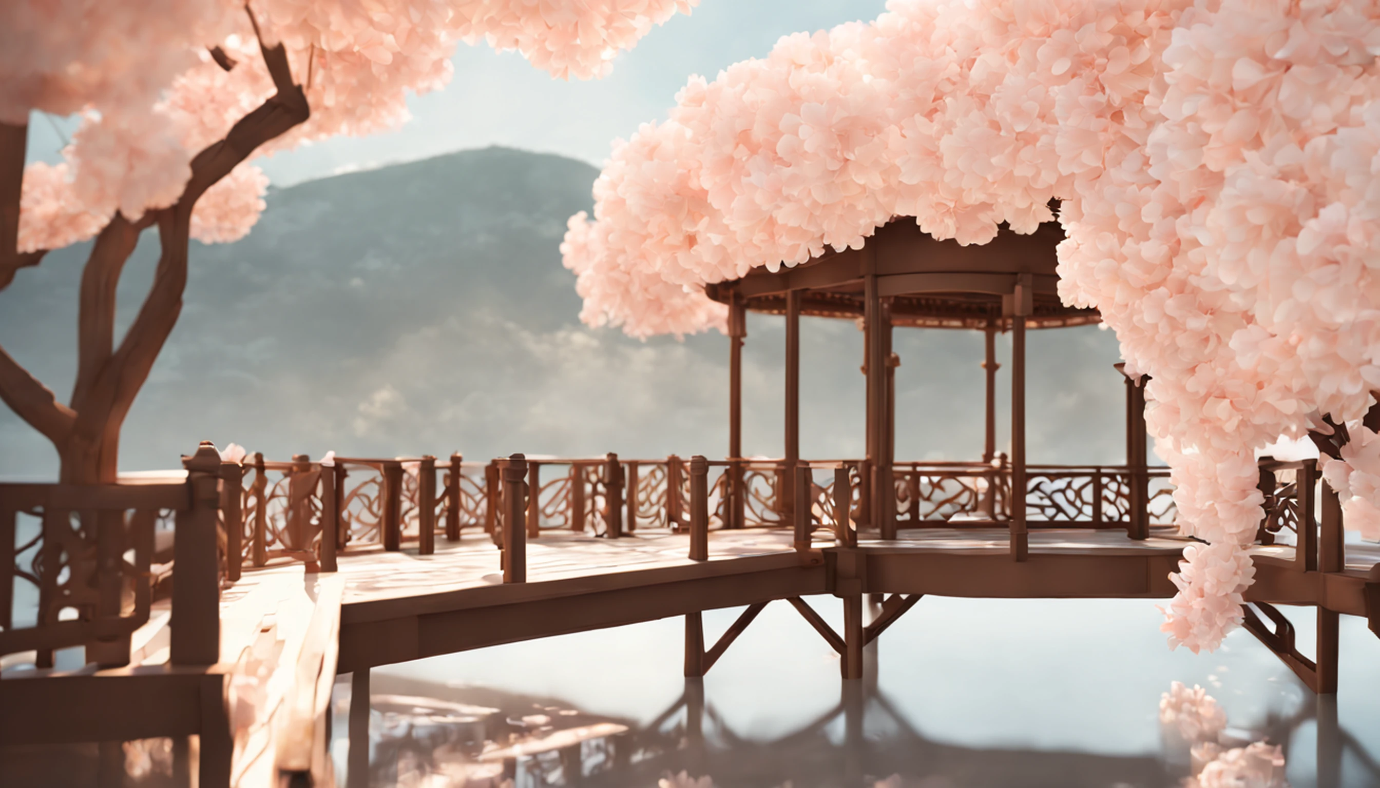 gazebo,(escultura em papel:1.5),Stooping, (Mar de nuvens brancas:1.3), (nuvens brancas:1.3), (peach blossom:1.2), Montanhas, soft lighting,Elementos Orientais, sonhador, pastels colors, cores brilhantes, Traditional Chinese color scheme, ( Reasonable design, linhas claras, alta nitidez,melhor qualidade, Very detailed, master part, arte oficial, Efeito de luz do filme, 4k ),