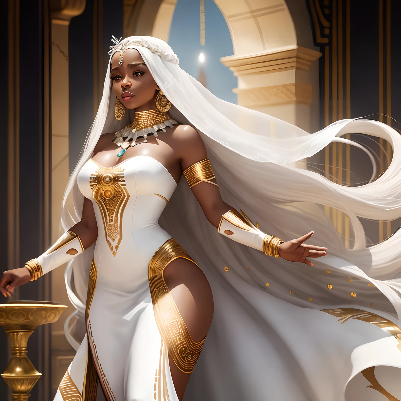 A woman with long hair wearing a white dress and royal jewelry, Mulher de 30 anos, africana, corpo perfeito, Realeza, wakanda