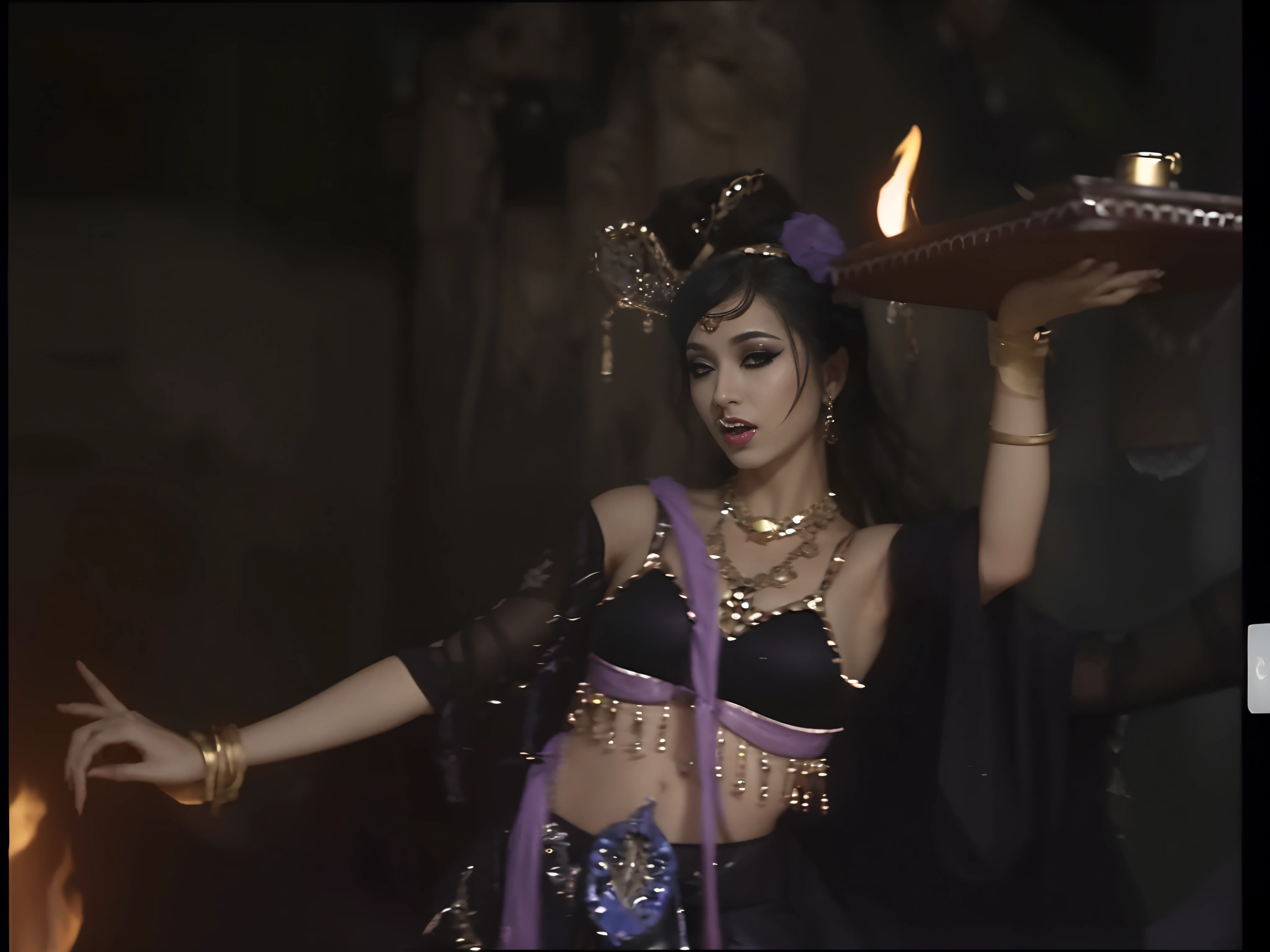 Arabi succubus in a belly dance costume holds a plate of wine jug in the cave, Naked all over the body, Big chest，very long fingernails，Facial Fascination，Lure men into sex and eat them，Li Tang hairstyle，heavy  makeups，Feminine and charming,, 《Journey》The scene unfolds beneath a , she is dressed as a belly dancer, fantasy movie still, Underworld dancer, the sorceress casting a fireball