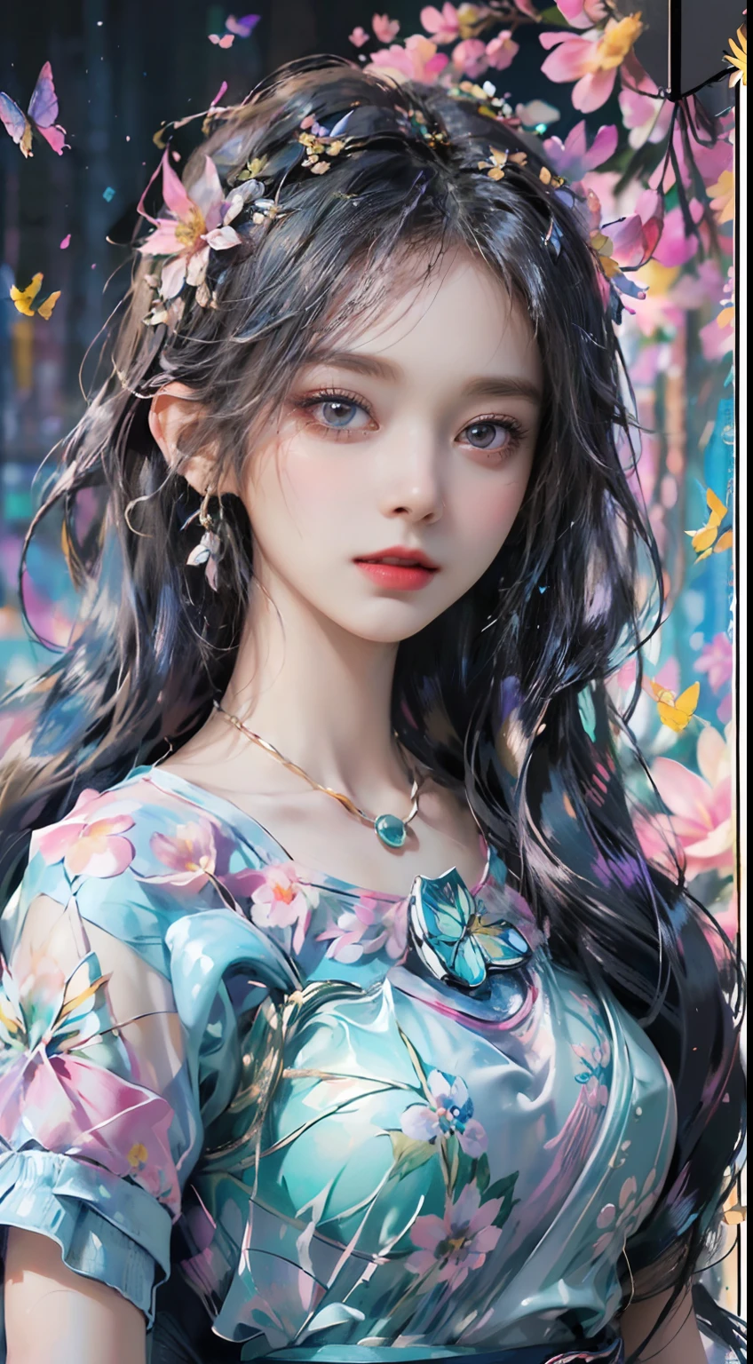 (masterpiece:1.1), (highest quality:1.1), (HDR:1.0), ambient light, ultra-high quality,( ultra detailed original illustration), (1girl, upper body), ((harajuku fashion)), ((flowers with human eyes, flower eyes)), double exposure, fusion of fluid abstract art, glitch, (original illustration composition), (fusion of limited color, maximalism artstyle, geometric artstyle, butterflies, junk art)