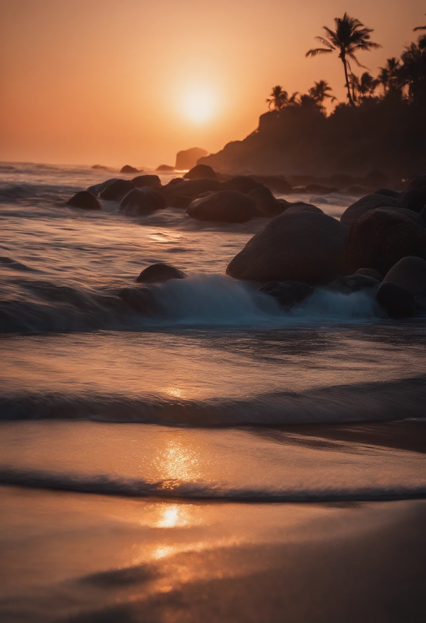 View of the beach with rocks and palm trees at sunset, Magical Beach, Colorful glow, beautiful sunset glow, colorful sunset, Glowwave, grand background, glowing colors, breathtaking colors, Make the water shine, which shows a beach at sunset, Bright glitter color, sunset glow, Clear neon water, Incredible colors, beatiful backgrounds,Iridescent waves,Iridescent Sea,Iridescent sandy beaches,Rainbow rocks,Iridescent sandy beaches,Rainbow sandy beach,Iridescent waves,Silly sandy beach,Iridescent waves,Silly sandy beach,Iridescent waves