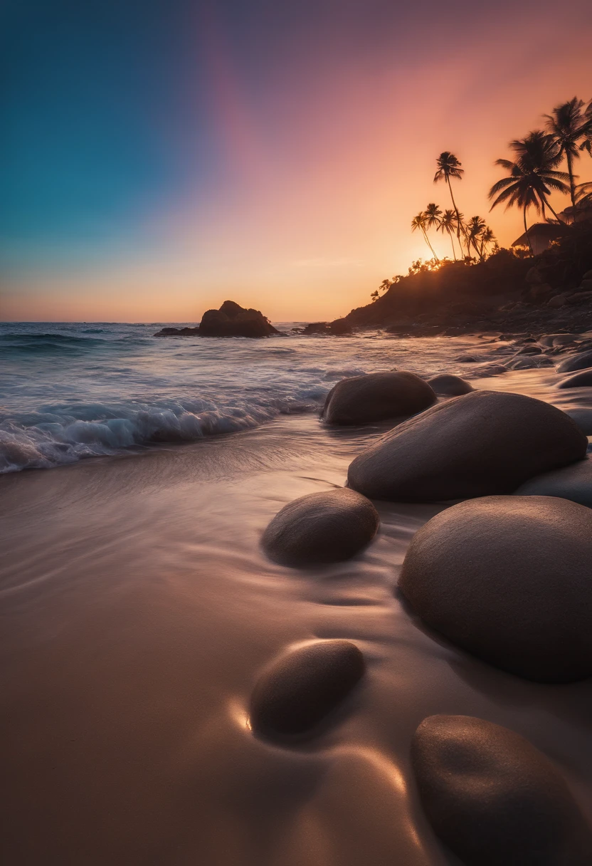 View of the beach with rocks and palm trees at sunset, Magical Beach, Colorful glow, beautiful sunset glow, colorful sunset, Glowwave, grand background, glowing colors, breathtaking colors, Make the water shine, which shows a beach at sunset, Bright glitter color, sunset glow, Clear neon water, Incredible colors, beatiful backgrounds,Iridescent waves,Iridescent Sea,Iridescent sandy beaches,Rainbow rocks,Iridescent sandy beaches,Rainbow sandy beach,Iridescent waves,Silly sandy beach,Iridescent waves,Silly sandy beach,Iridescent waves