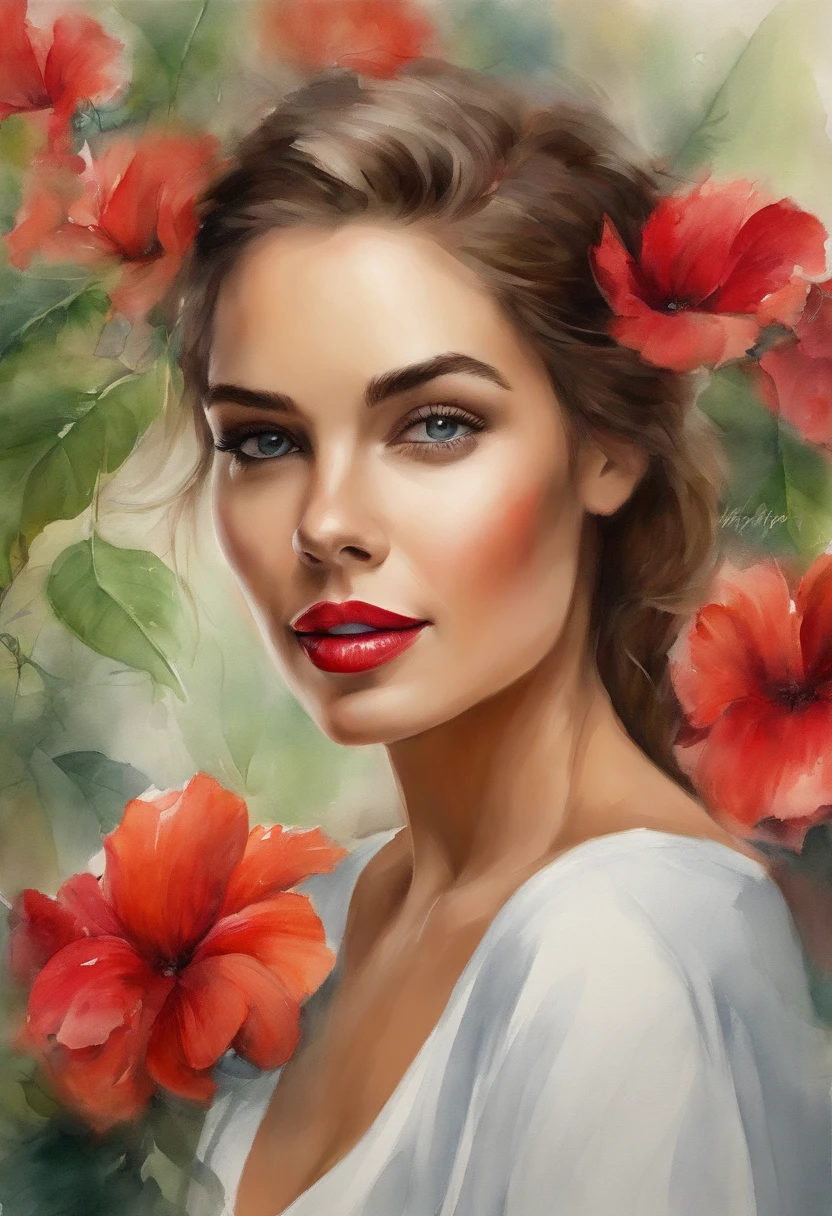 (La mejor calidad,4k,8k,Altas Resoluciones,Obra maestra:1.2), Ultra detallado, (realista,fotorrealista,fotorrealista:1.37),1Beautiful young woman 20 years old, ,Figura sexy, pose sexy, Ropa caliente, cabello verde y rubio, Belleza Cara, sonrisa abierta, dientes blancos, ojos hipnotizantes, red vibrant lipstick,  Translucent chiffon clothing, , de moda, colores vibrantes, Studio lighting,lush greenery, Ambiente tropical, Artistic portrait
