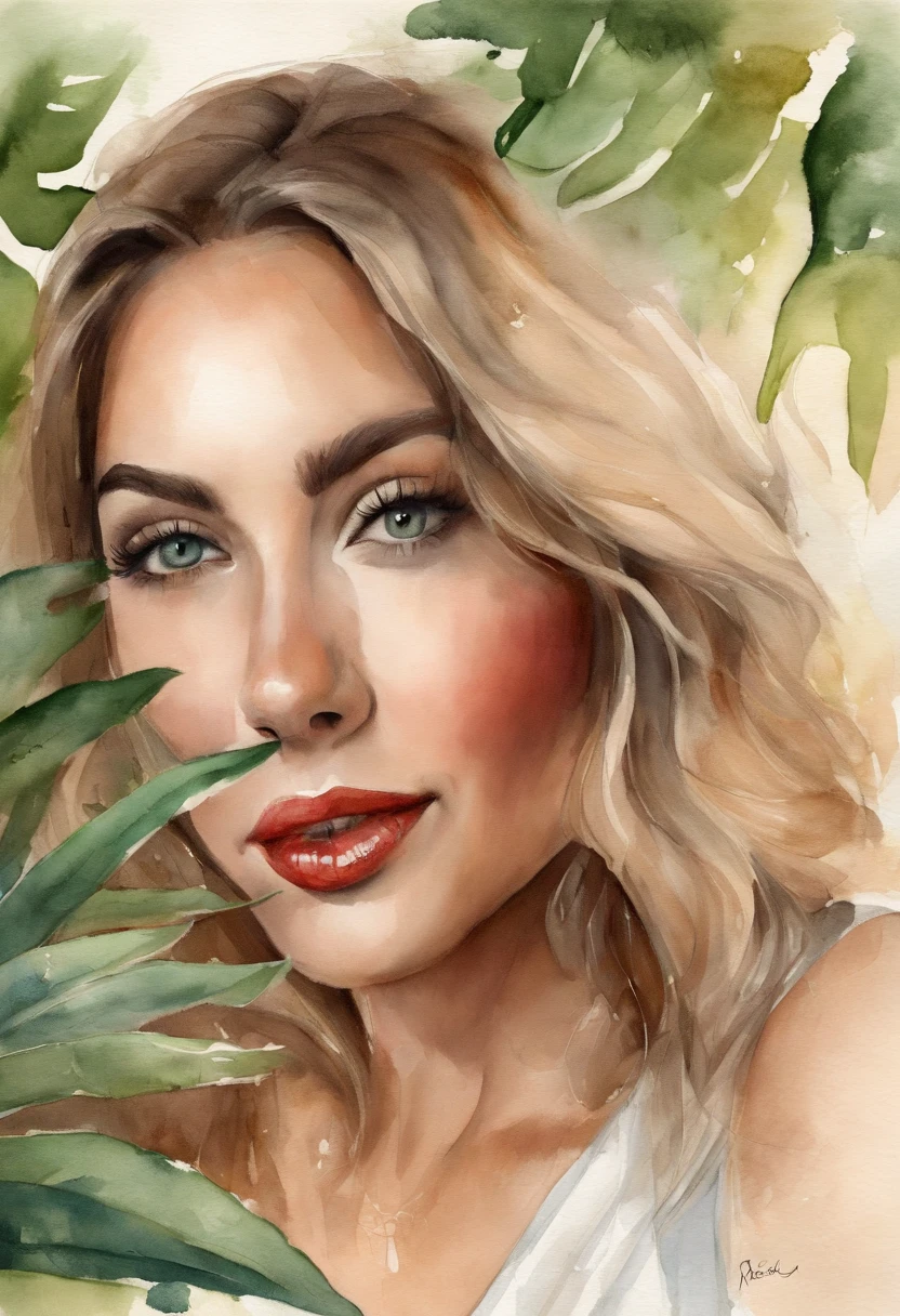 (La mejor calidad,4k,8k,Altas Resoluciones,Obra maestra:1.2), Ultra detallado, (realista,fotorrealista,fotorrealista:1.37),1Beautiful young woman 20 years old, ,Figura sexy, pose sexy, Ropa caliente, cabello verde y rubio, Belleza Cara, sonrisa abierta, dientes blancos, ojos hipnotizantes, red vibrant lipstick, Translucent chiffon clothing, , de moda, colores vibrantes, Studio lighting,lush greenery, Ambiente tropical, Artistic portrait