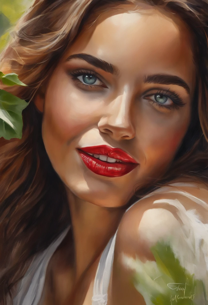 (La mejor calidad,4k,8k,Altas Resoluciones,Obra maestra:1.2), Ultra detallado, (realista,fotorrealista,fotorrealista:1.37),1Beautiful young woman 20 years old, ,Figura sexy, pose sexy, Ropa caliente, cabello verde y rubio, Belleza Cara, sonrisa abierta, dientes blancos, ojos hipnotizantes, red vibrant lipstick,  Translucent chiffon clothing, , de moda, colores vibrantes, Studio lighting,lush greenery, Ambiente tropical, Artistic portrait