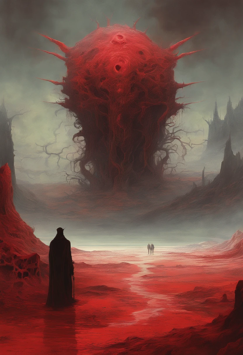a mythical creature, Authors:Zdzisław Beksinski wa Van Gogh, album covers, Robotic, surrealism, Futuristic ,Satan, coral, sorcerer, abstracted, Dark, Red, Hell, landscape