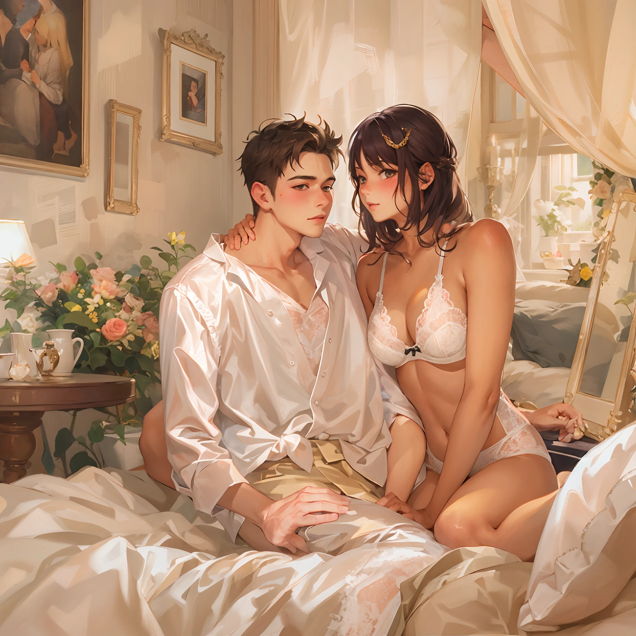 at bedroom, 1boy and 1girl, Looking at Viewer, Seated couple, Atmosphere of love, lingerie, blush,