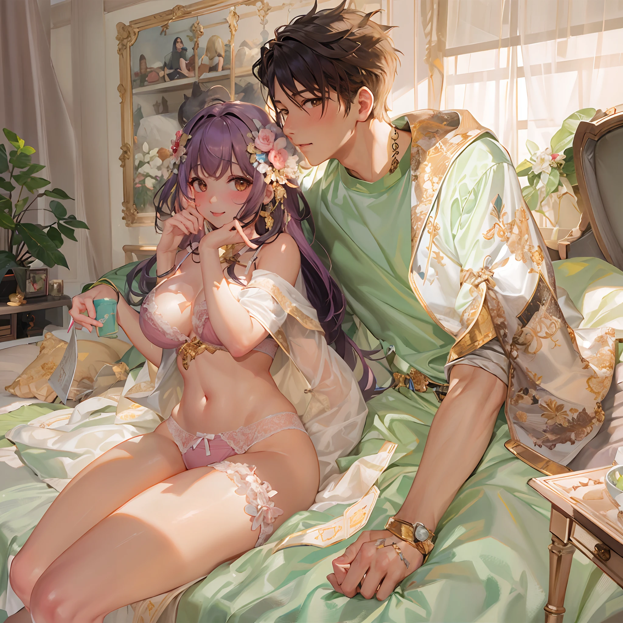 at bedroom, 1boy and 1girl, Looking at Viewer, Seated couple, Atmosphere of love, lingerie, blush,