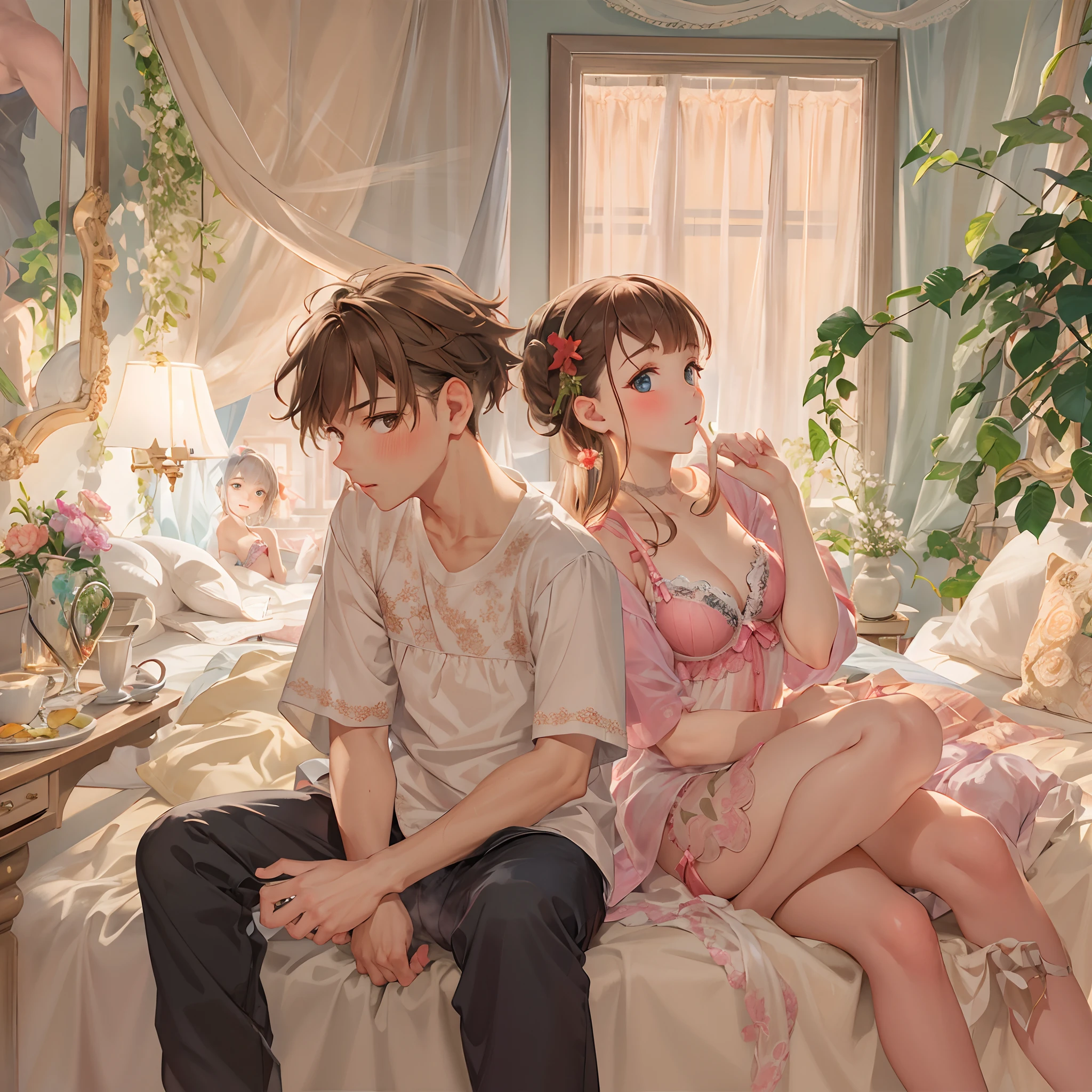 at bedroom, 1boy and 1girl, Looking at Viewer, Seated couple, Atmosphere of love, lingerie, blush,
