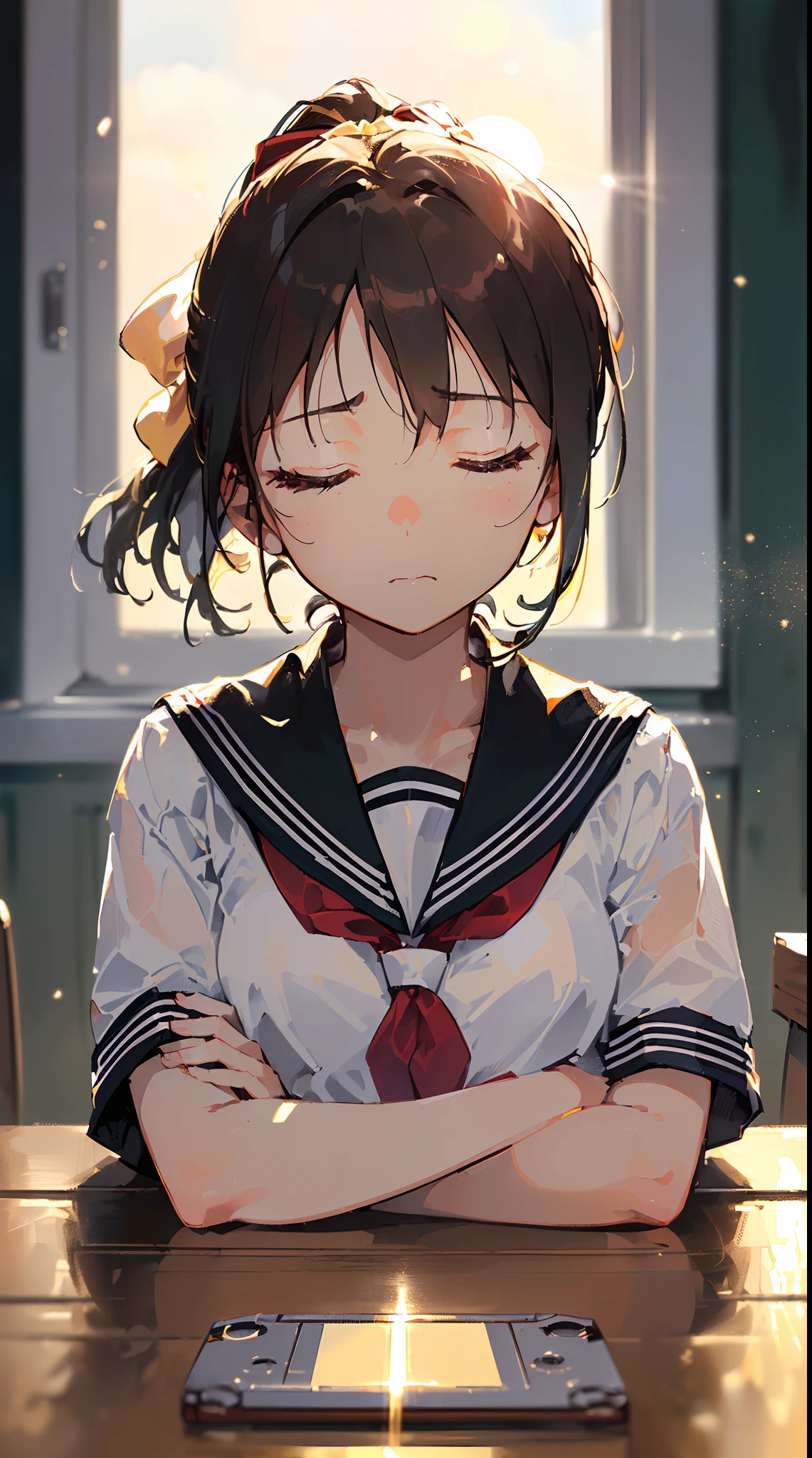 ((((Sharp focus,Sharp focus,Depression angle 30 degrees,focus onface,indifferent,Sleeping,closing her eyes,Lie on the table,The head is buried in the arm,arms folded,))))(Masterpiece illustration,Beautiful and aesthetic:1.2,Dramatic composition:1.2,near a window,), Best quality,Top quality, Epic quality,((Classroom,wooden tables,cassette,musical note,)(Closed eyes, Sun glare, Bokeh, Depth of field, The background is blurred out, Light particles, neo-classical, OP Art, god light, ,shaded face,))Rich background, Neat face,underage,Young,Beautiful detailed hair 。Break brown hair:1.7|Golden hair:0.9 Rest。hyper HD, retinas, Textured skin, A high resolution, 16k ,((pony tails,Short hair,Large bow on ponytail)),Detailed face, 1JK, 1girll,Solo, Perfect face, Very amazing girl,(Black sailor uniform,White sailor tie at front),The light from the back window is backlighted,rim-light,