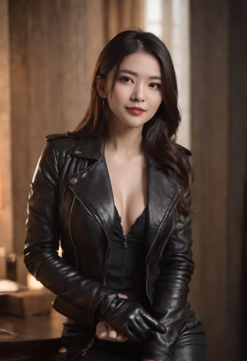 Wear black leather gloves on both hands, Upper body, Black leather rider jacket, Necklace on the chest, Smile in a modern den in the dark, black long straight hair, Young Japanese woman (Black leather gloves cover your hands) Fingers wearing black leather gloves, Sit in a leather chair, Work on a computer, Staring at the screen,huge tit,Crisp chest half exposed