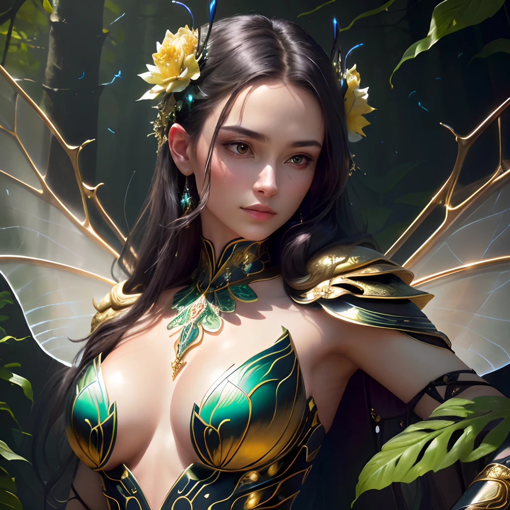 (best quality,4k,8k,highres,masterpiece:1.2),ultra-detailed,(realistic,photorealistic,photo-realistic:1.37),HDR,UHD,studio lighting,ultra-fine painting,sharp focus,physically-based rendering,extreme detail description,professional,vivid colors,bokeh,portraits
Insectoid woman with four arms holding two swords covered in intricate carvings, surrounded by swarming bugs. The woman's eyes are large and compound, reflecting the flickering light. Her skin has an exoskeleton texture, with iridescent colors that shimmer under the soft glow. Her chitinous wings are stretched out, displaying unique patterns reminiscent of delicate stained glass. Her four arms are slender and graceful, each adorned with elaborate arm jewelry. In one hand, she delicately holds a silvered sword with intricate engravings of insects crawling up the blade, while the other hand grips a golden sword with ornate designs of flowers and vines.
The bugs encircling her are diverse and detailed. They vary in size and species, from tiny colorful beetles to large, intimidating mantises. Their wings beat rapidly, creating a mesmerizing display of movement. Some bugs hover around the woman's head, while others crawl on her shoulders and arms, adding a touch of dynamic energy to the scene.
The background is a lush forest filled with towering trees. The dappled sunlight filters through the leaves, casting a gentle glow on the woman and her surroundings. The colors of the forest are vibrant and saturated, creating a vivid and immersive atmosphere. The air is filled with a soft hum of buzzing wings and the occasional chirping of insects, further enhancing the immersive experience.
Overall, the artwork is a masterfully created portrait of an insectoid woman with four arms and two swords, surrounded by a swarm of detailed bugs. The high-quality rendering and realistic details bring the scene to life, capturing the beauty and mystery of this extraordinary creature.
