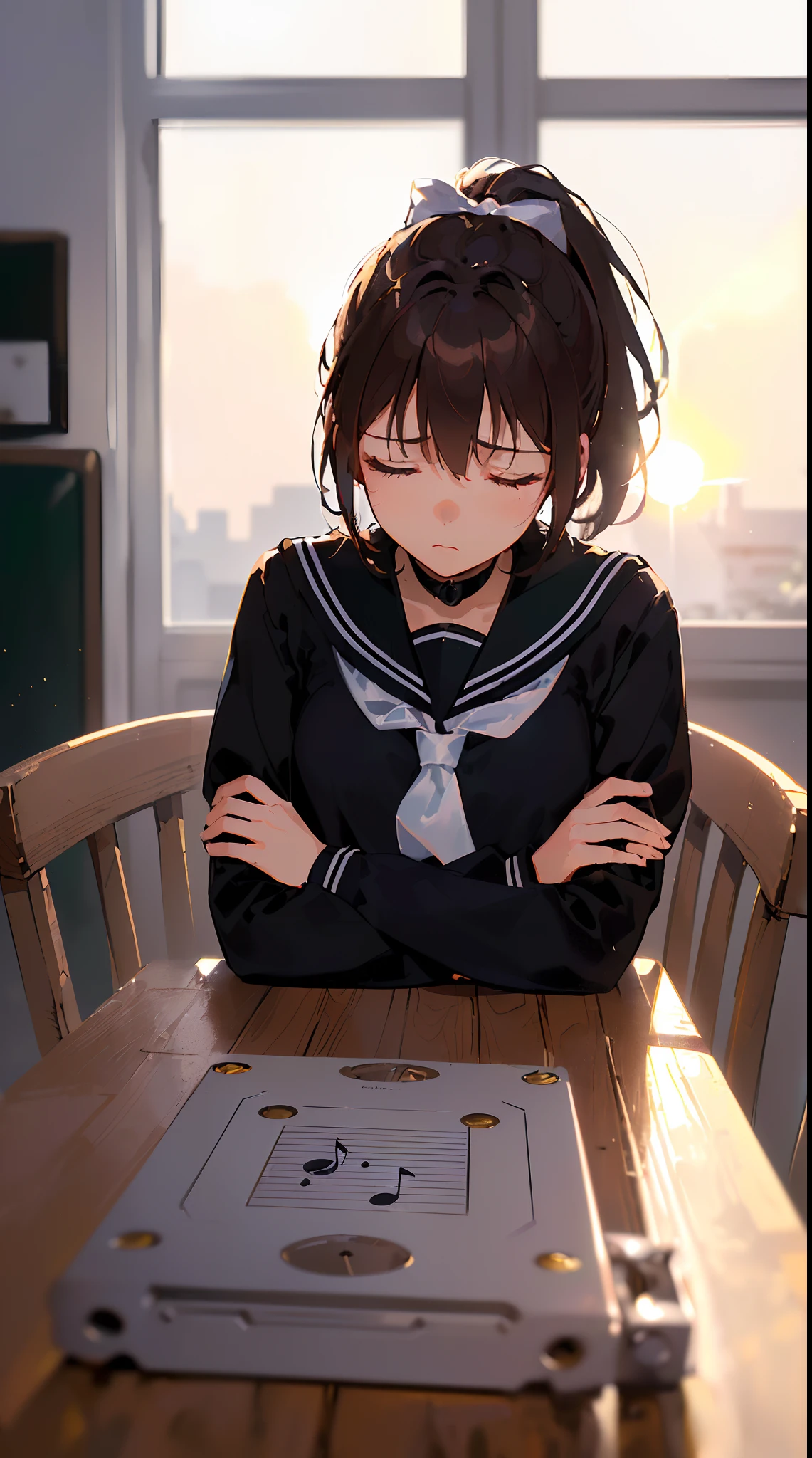 ((((Sharp focus,Sharp focus,Depression angle 30 degrees，focus onface,indifferent,Sleeping,closing her eyes,Lie on the table，The head is buried in the arm,arms folded，))))(Masterpiece illustration,Beautiful and aesthetic:1.2,Dramatic composition：1.2,near a window,), Best quality,Top quality, Epic quality,((Classroom,wooden tables，cassette,musical note,)(Closed eyes, Sun glare, Bokeh, Depth of field, The background is blurred out, Light particles, neo-classical, OP Art, god light, ，shaded face，))Rich background, Neat face,underage,Young,Beautiful detailed hair 。Break brown hair：1.7|Golden hair：0.9 Rest。hyper HD, retinas, Textured skin, A high resolution, 16k ，((pony tails,Short hair,Large bow on ponytail)),Detailed face, 1JK, 1girll,Solo, Perfect face, Very amazing girl,(Black sailor uniform,White sailor tie at front),The light from the back window is backlighted,rim-light,