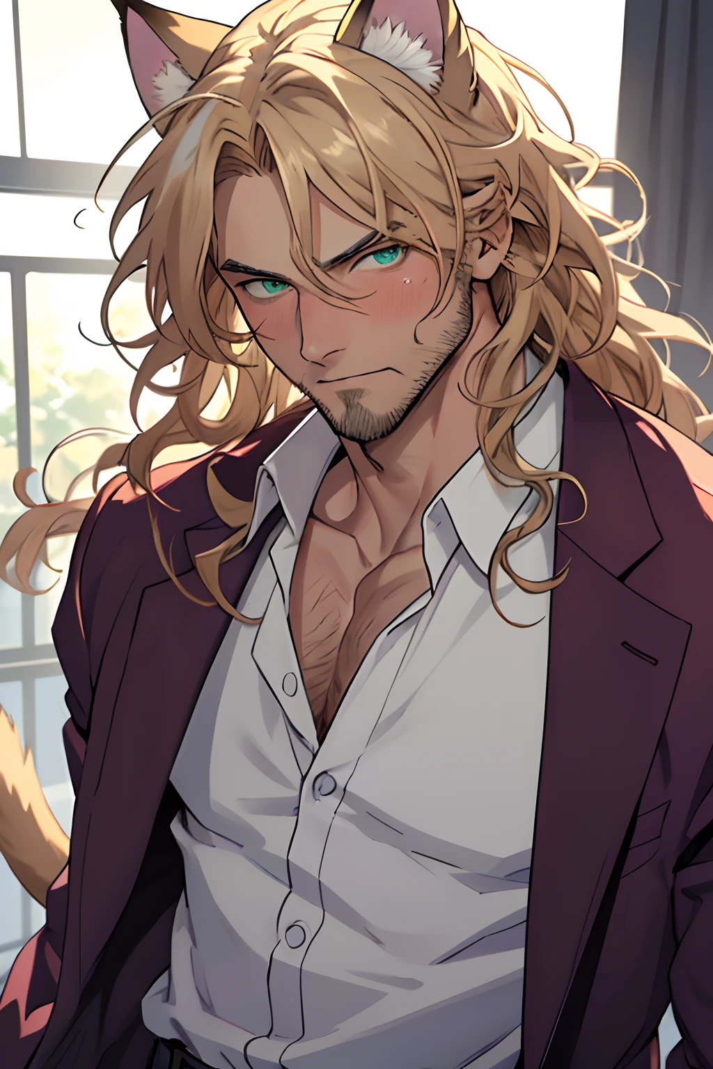 Purple coat, one male, cat ears, long hair, blond, blond hair, green eyes, tall, muscular, white shirt, beautiful face, highest quality, masterpiece, 2d, anime, perfect face, highest detail, feline eyes, stubble, cat tail, wavy hair, cowboy shot, detailed face, intricate details, blushing, nervous,