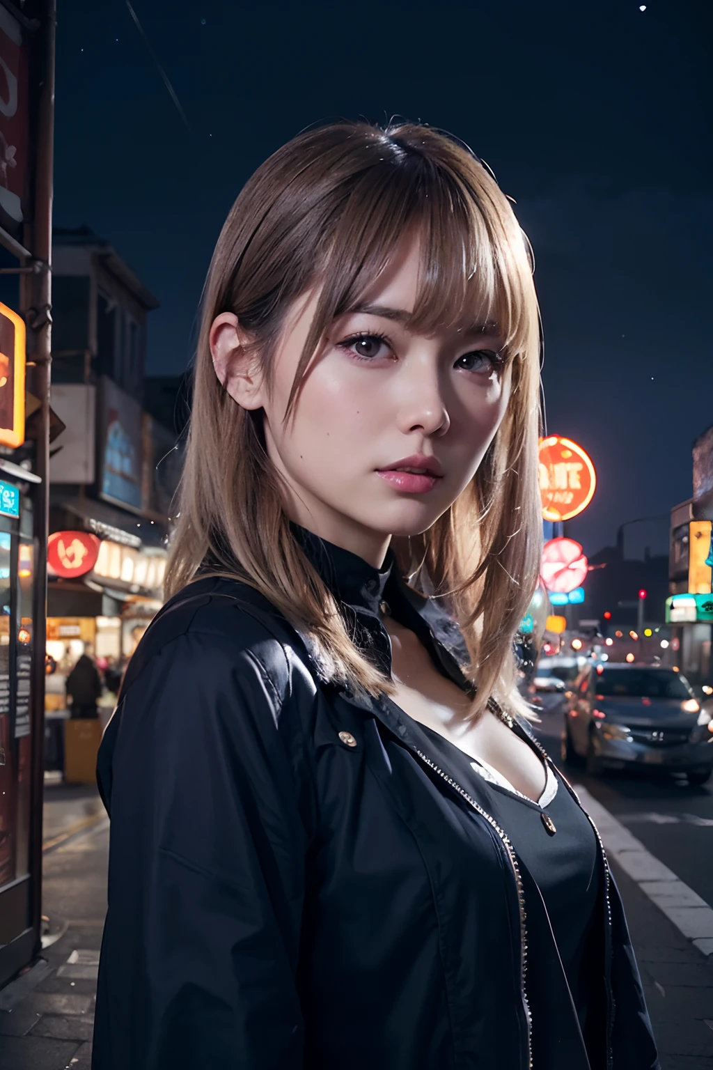 ((masutepiece)), ((Best Quality)), (Ultra-detailed), ((Extremely detailed)), 4K, (8K), Best Quality, (Beautiful), Gradation, One Woman,Steampunk Code,Cute face,Big eyes,Cool Face,bobhair,Beautiful silver hair,Looking at Viewer,plein air,Night,Ruins,Neon Town,Neon light,Steampunk World,masutepiece, extremely fine and beautiful,Photorealistic,Japanese