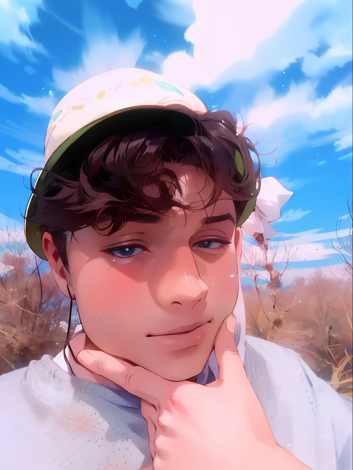 Boy with hat on his head and hand on chin, imagem de qualidade muito baixa, foto de perfil 1024px, with a weird hat, foto de perfil headshot, he is wearing a hat, imagem frontal, em torno de 1 9 anos, Alex, it's wearing a cute little hat, foto de baixa qualidade, fotografia de baixa qualidade