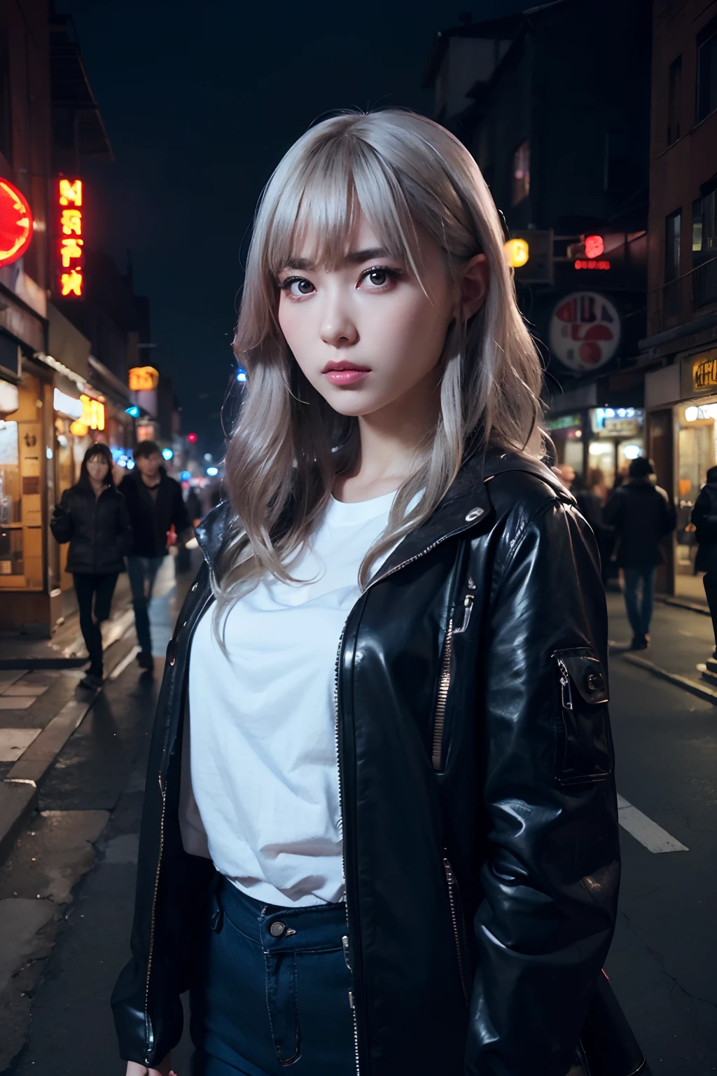 ((masutepiece)), ((Best Quality)), (Ultra-detailed), ((Extremely detailed)), 4K, (8K), Best Quality, (Beautiful), Gradation, One Woman,Steampunk Code,Cute face,Big eyes,Cool Face,bobhair,Beautiful silver hair,Looking at Viewer,plein air,Night,Ruins,Neon Town,Neon light,Steampunk World,masutepiece, extremely fine and beautiful,Photorealistic,Japanese
